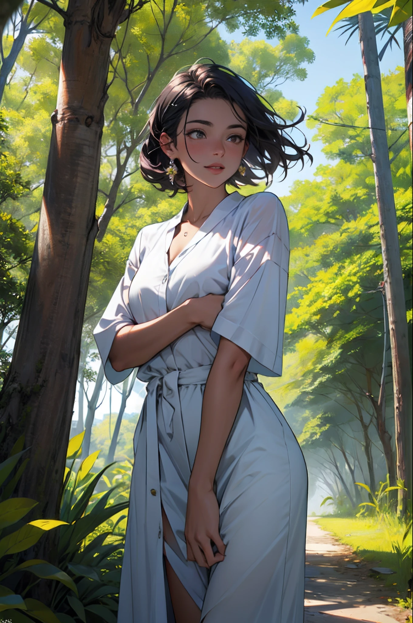 High quality, masterpiece, pastel color theme, face light, forest and river background, focus on lips, standing pose, model pose, one woman, healthy tanned skin, wet body clothes hair, shiny red lips, blue topaz eyes, upturned eyes, short hair, closed mouth, smiling face, cleavage, loose t-shirt dress