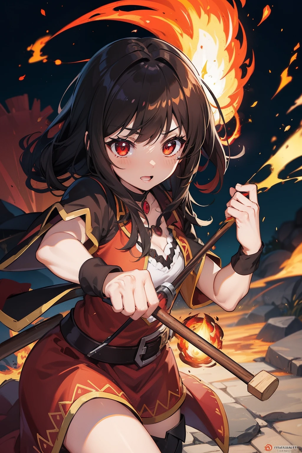 Megumin, bruja tiene, fire explosion element, Combustion effect, Obra maestra,  guy, Forma corporal perfecta, maquillaje ligero, Fondo de campo con limo, holding a wooden cane with ruby, venda