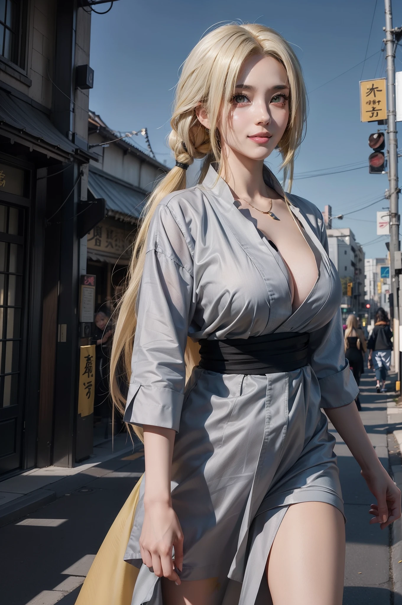 1girl, tsunade in anime naruto, long hair, yellow hair, yellow eyes, smile, beautiful, sexy dress, sexy clothes, grey clothes, very big breast, realistic clothes, detail clothes, outdoor background, ultra detail, real