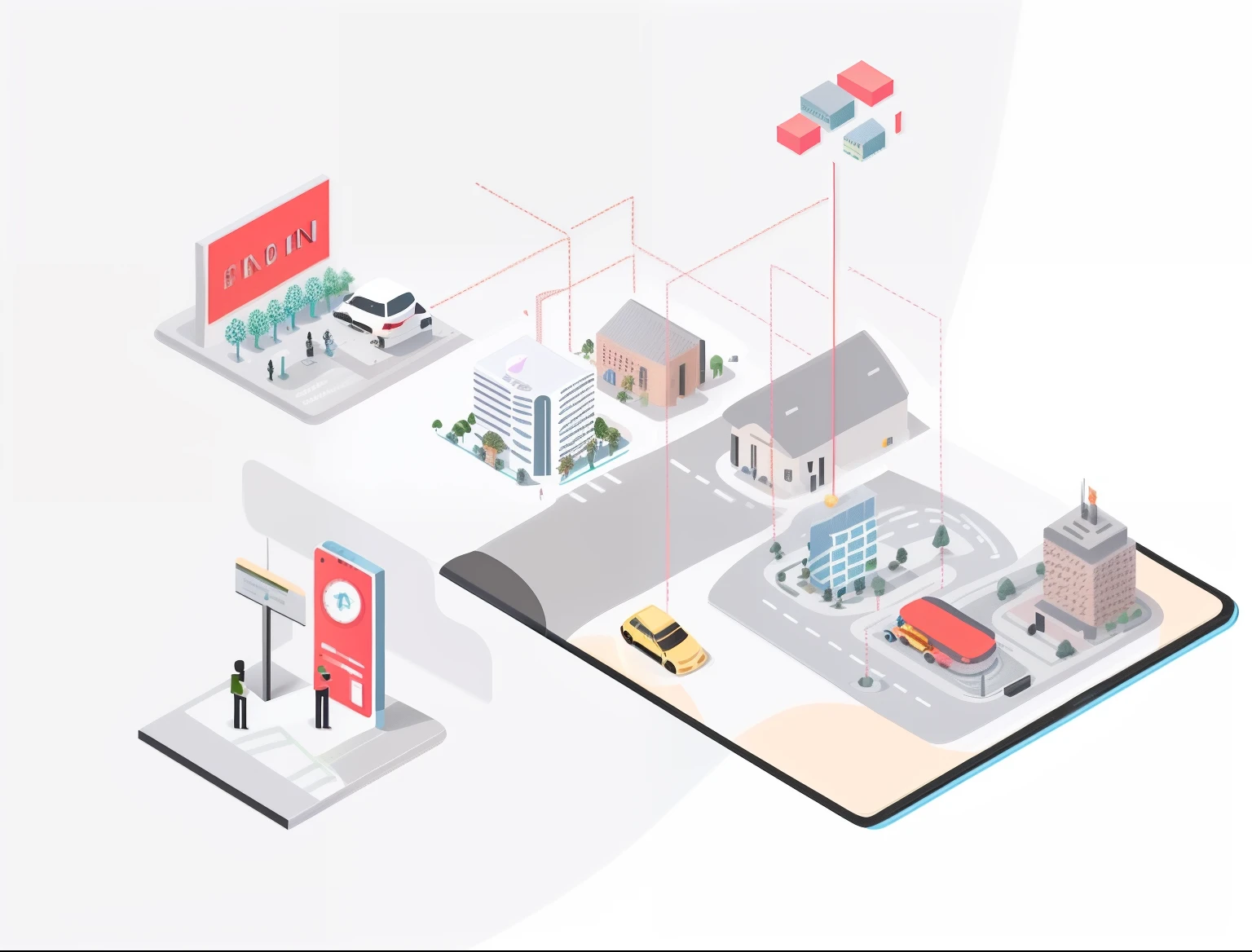 a close up of a cell phone with a map of a city on it, isometric illustration, accurate and detailed, prerendered isometric graphics, flat illustration, connectivity, infographic with illustrations, a wide shot, exploitable image, whole page illustration, car, car, accurate depiction, endless collaboration with ai, illustration detailed, without background, simple illustration
