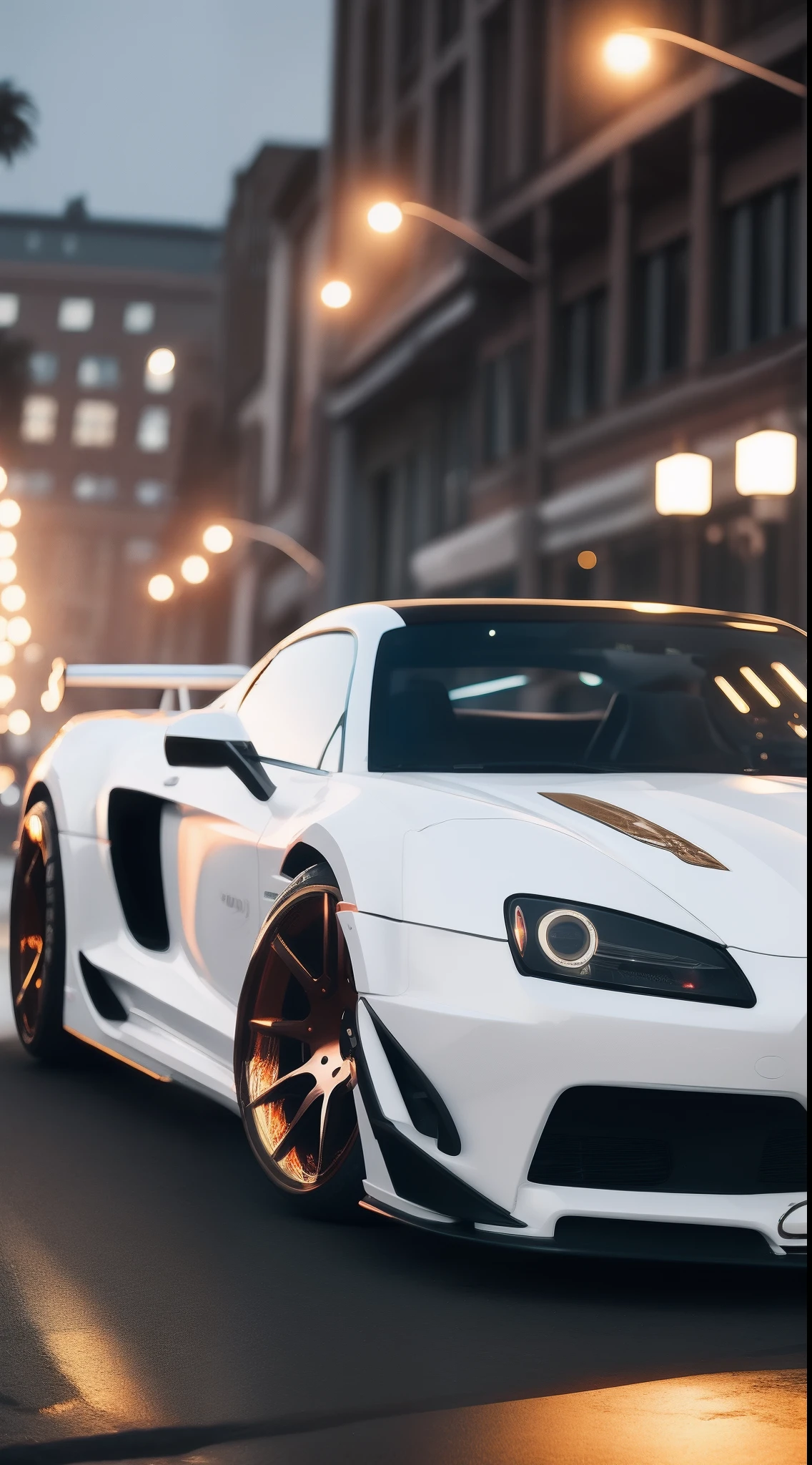 arafed wide body white sports car driving on a city street at night, front view, head on view glowing ember headlights, aggressive front end, no emblems, no emblem on grill, hq 4k phone wallpaper, hq 4k wallpaper, 8k stunning artwork, wallpaper 4k, wallpaper 4 k, 4 k render, 4k render, cinematic 4k wallpaper, cinematic 4 k wallpaper, cinematic front shot, wallpaper mobile, extreme render, 8k render, 8 k render, shallow depth of field, micro-details, photorealism, photorealistic,