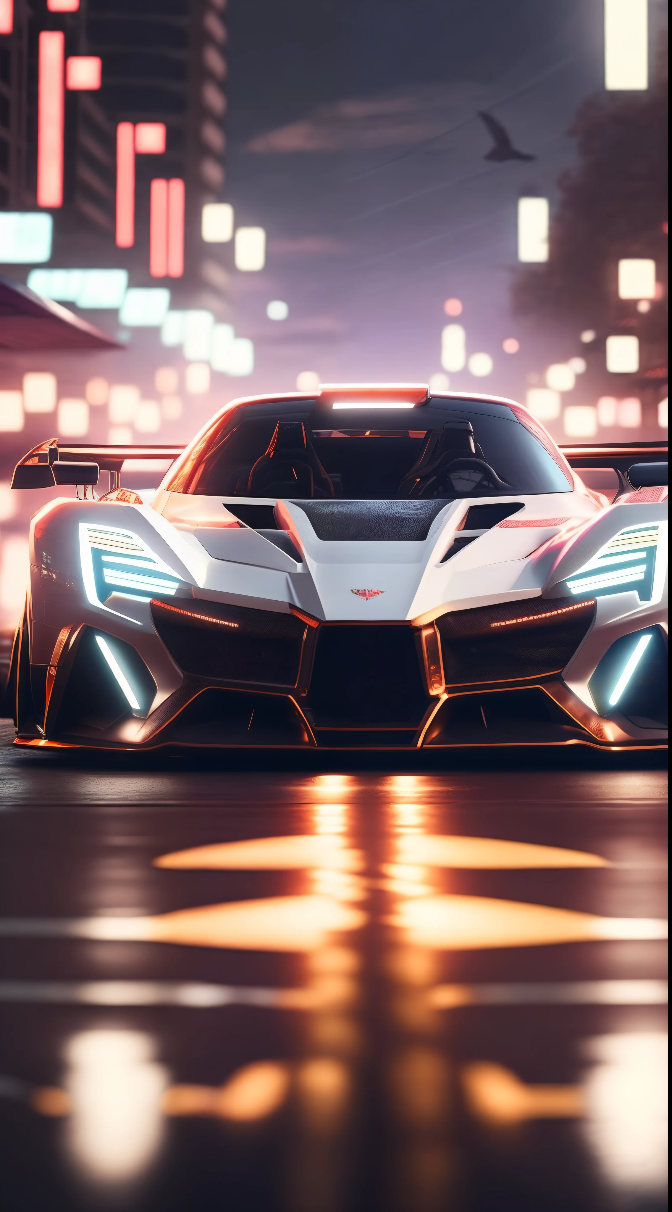 arafed wide body white sports car driving on a city street at night, front view, head on view glowing ember headlights, aggressive front end, no emblems, no emblem on grill, hq 4k phone wallpaper, hq 4k wallpaper, 8k stunning artwork, wallpaper 4k, wallpaper 4 k, 4 k render, 4k render, cinematic 4k wallpaper, cinematic 4 k wallpaper, cinematic front shot, wallpaper mobile, extreme render, 8k render, 8 k render, shallow depth of field, micro-details, photorealism, photorealistic,