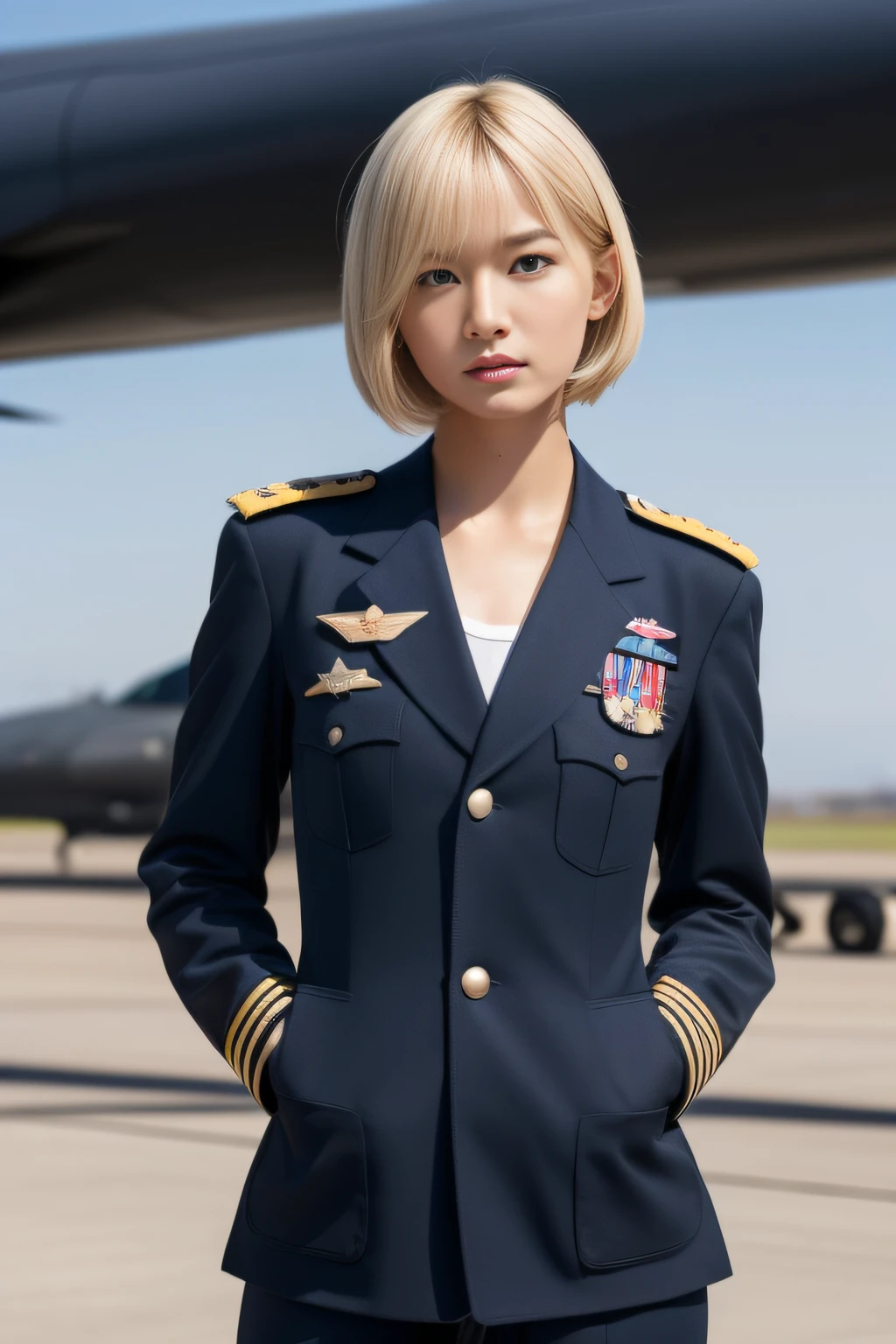 best quality, (photo realistic:1.4), (Japanese famous actress:1.2), very beautiful, kawaii, professional photograph, an extremely delicate and beautiful, extremely detailed, extremely detailed beautiful girl, extremely detailed face, extremely detailed eyes, extremely detailed skin, extremely detailed fingers, extremely detailed nose, extremely detailed mouth, perfect anatomy, realistic body, fair skin, shiny skin, slender body, good figure, looking at viewer, (blond hair:1.2), (very short hair:1.2), flat chest, (tanned skin:1.5), black gal, (fighter jet:1.4), (young female pilot:1.2), (vintage military uniform:1.1), (standing beside plane:1.5), (airfield setting:1.1), daylight scene, clear skies, runway in background, nsfw,