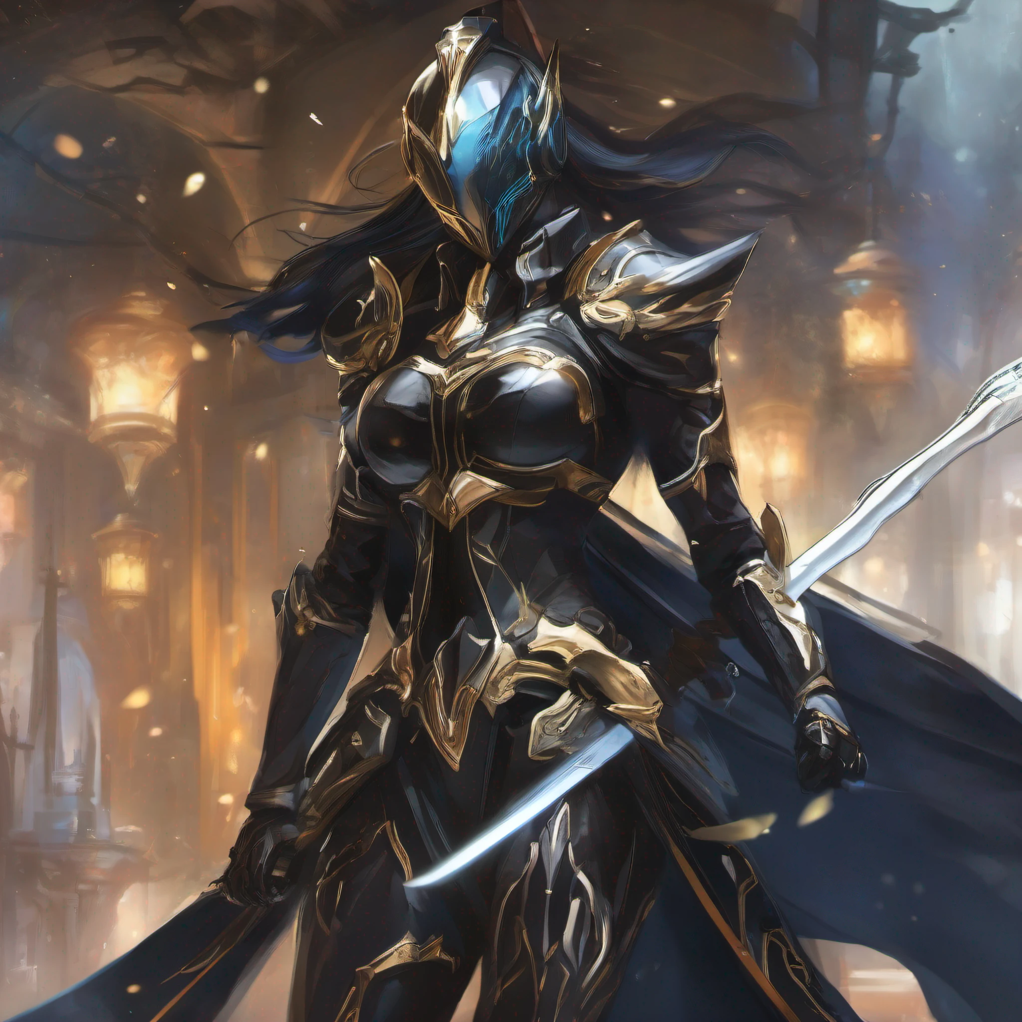 Standard，Female general，Black Warframe，Behind her was gunsmoke，Fighting and dancing，But her heart was full of hope，Grip the sword in your hand