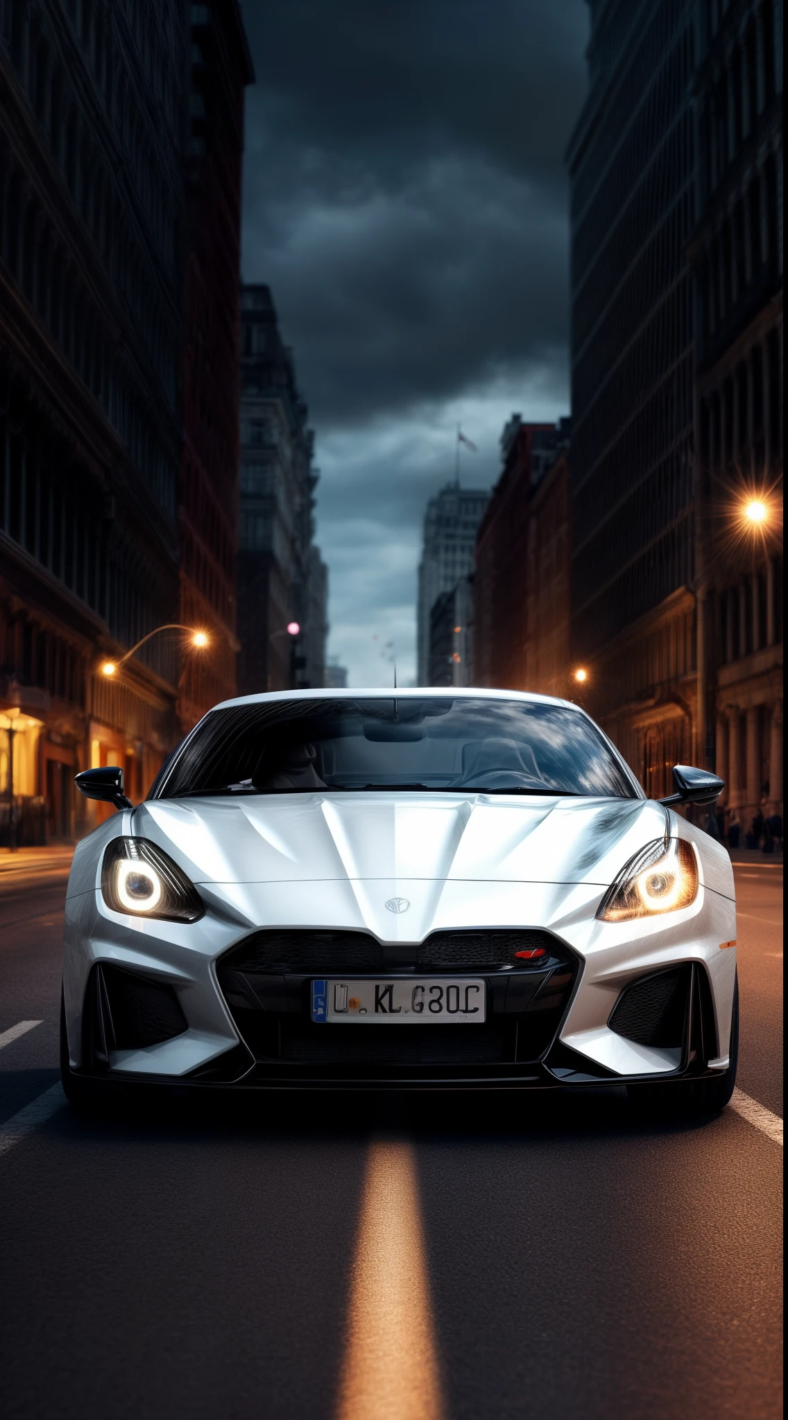 arafed wide body white sports car driving on a city street at night, front view, head on view glowing ember headlights, aggressive front end, no emblems, no emblem on grill, hq 4k phone wallpaper, hq 4k wallpaper, 8k stunning artwork, wallpaper 4k, wallpaper 4 k, 4 k render, 4k render, cinematic 4k wallpaper, cinematic 4 k wallpaper, cinematic front shot, wallpaper mobile, extreme render, 8k render, 8 k render, shallow depth of field, micro-details, photorealism, photorealistic,