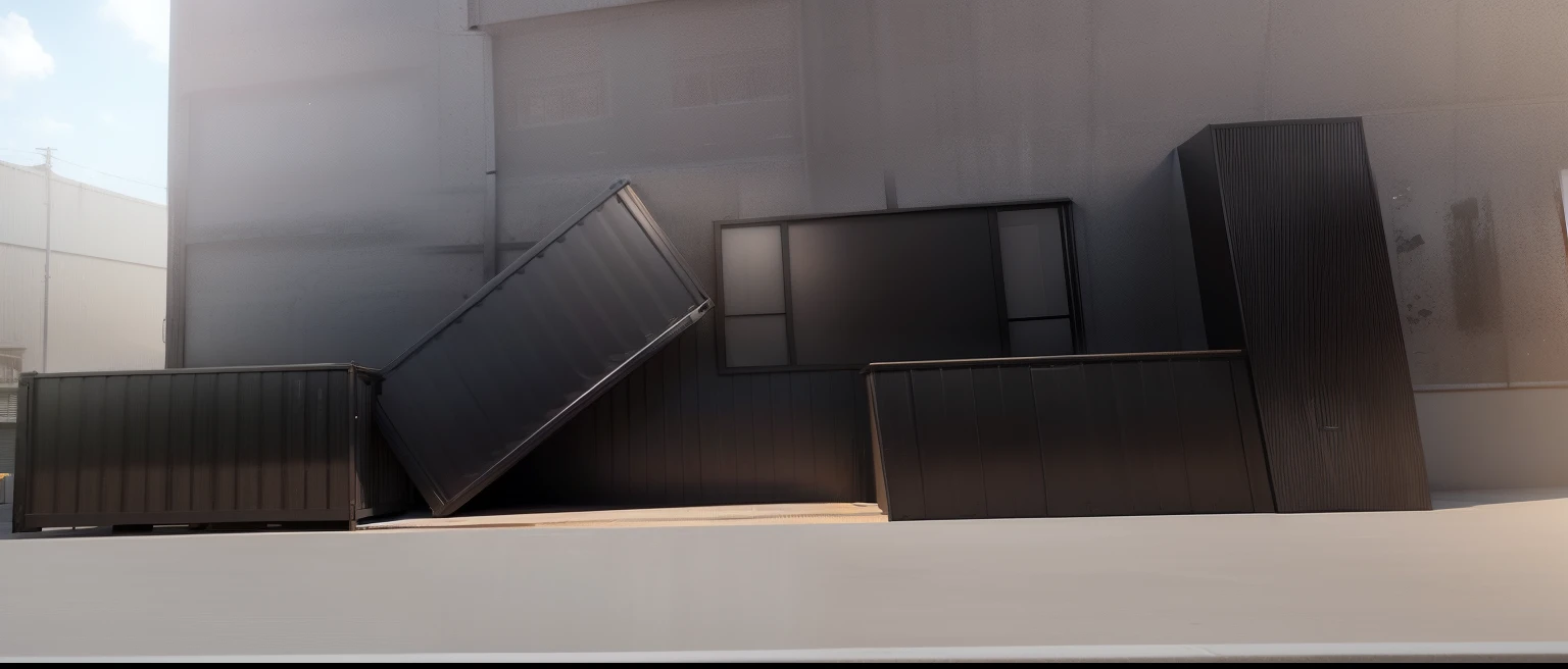 3D model HD rendering、building rendering、sunny mid day、Black container house、coffeehouse、30 degree angle、(urban backdrop)、high detal、globalillumination、reality lighting、Unreal Engine rendering、Substance 3D、Octane rendering、(hdr: 1.3)、(Korean style café)、Western-style café、Fashionab、single floor