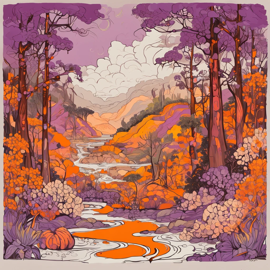 Intricate details of Yunnan forest painting, By range Yunnan Works, Violet in the background，The orange，Purple grapes，Citrus，Black tea Bright color, hight contrast, mont, vector line art, orange highlights, trending on pixiv, anime concept art, Stick, carpets, high high quality, edge-to-edge, Sanskrit