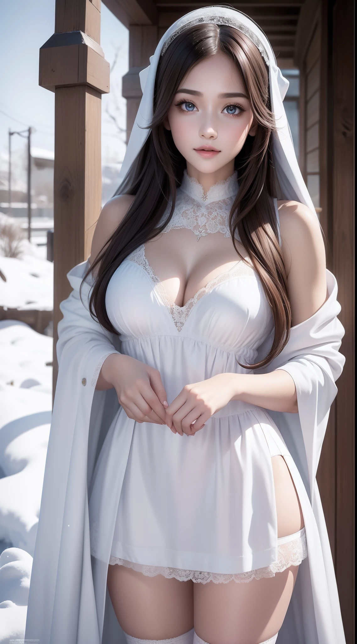 (8K,RAW photos, best qualtiy, tmasterpiece:1.2),(realisticlying, photograph realistic:1.4),Hide your face with sadness, ta costume,Lace, Aerith Gainsborough, The upper part of the body,upper legs,Lace, undergarments,exposed bare shoulders, do lado de fora, (outside,Covered with snow,cloaks,) high high quality, Adobe Lightroom, highdetailskin, looking at viewert,