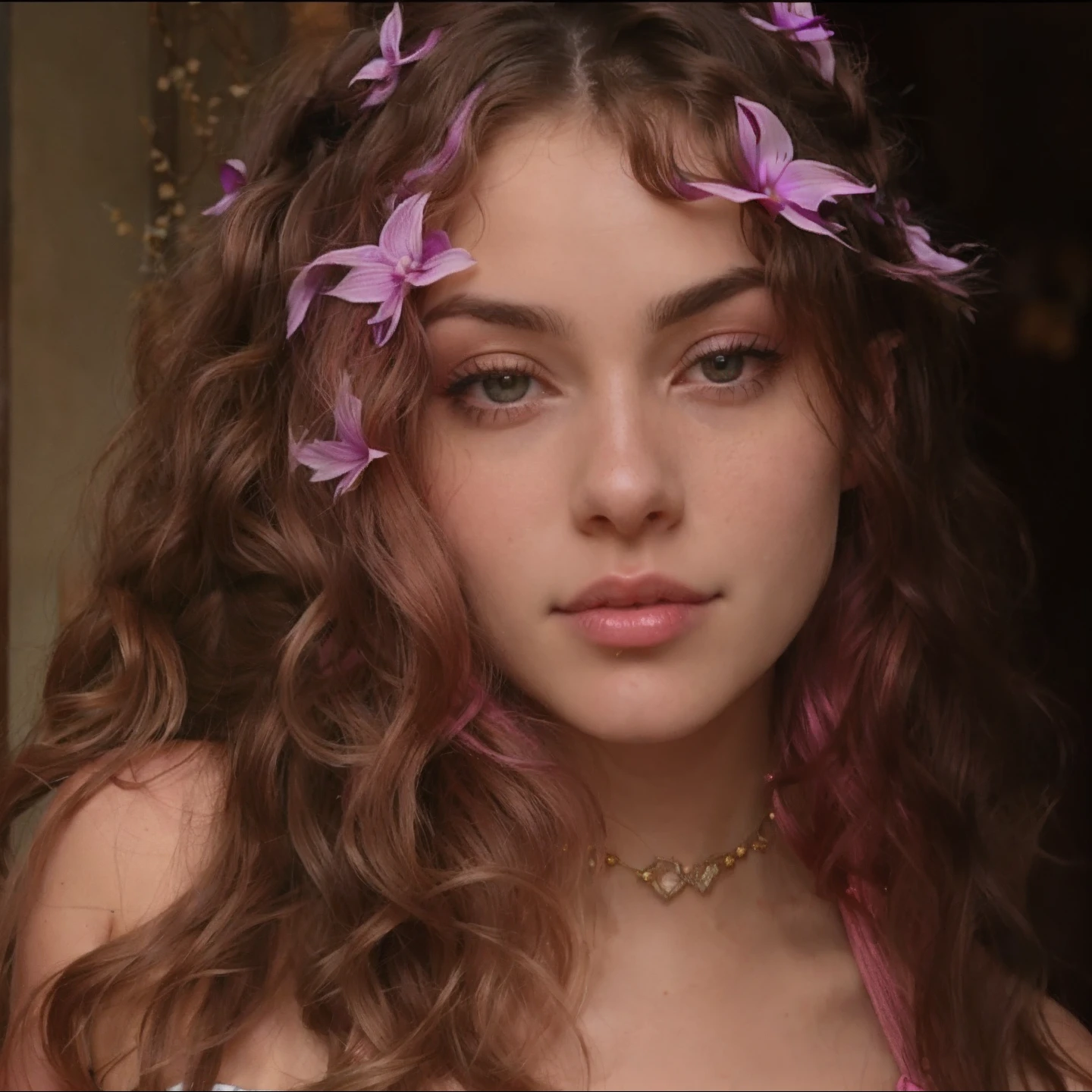 mulher arafed com cabelo longo e flores roxas em seu cabelo, No estilo de Petra Collins, Ela parece uma mistura de Grimes, cabelo rosa encaracolado, her face looks like an orchid, parece uma mistura de grimes, parece uma mistura de grimes, aesthetic cute with flutter, foto de perfil, fae adolescente, Kailee Mandel