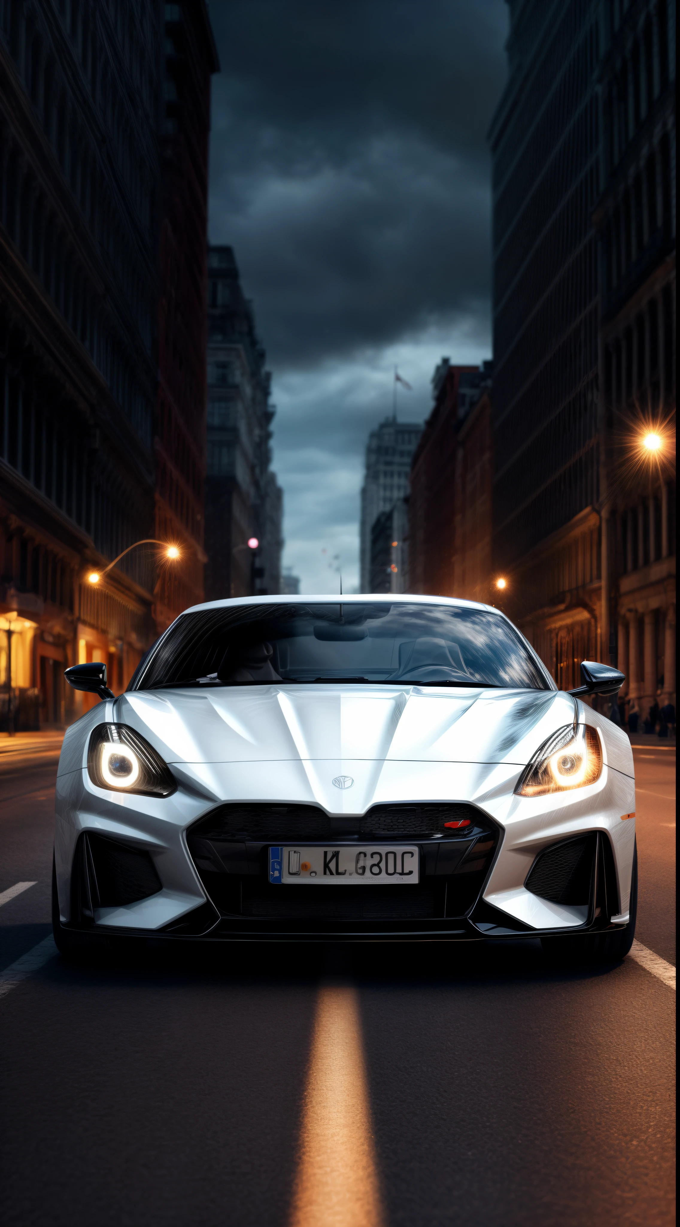 arafed wide body white sports car driving on a city street at night, front view, head on view glowing ember headlights, aggressive front end, no emblems, no emblem on grill, hq 4k phone wallpaper, hq 4k wallpaper, 8k stunning artwork, wallpaper 4k, wallpaper 4 k, 4 k render, 4k render, cinematic 4k wallpaper, cinematic 4 k wallpaper, cinematic front shot, wallpaper mobile, extreme render, 8k render, 8 k render, shallow depth of field, micro-details, photorealism, photorealistic,