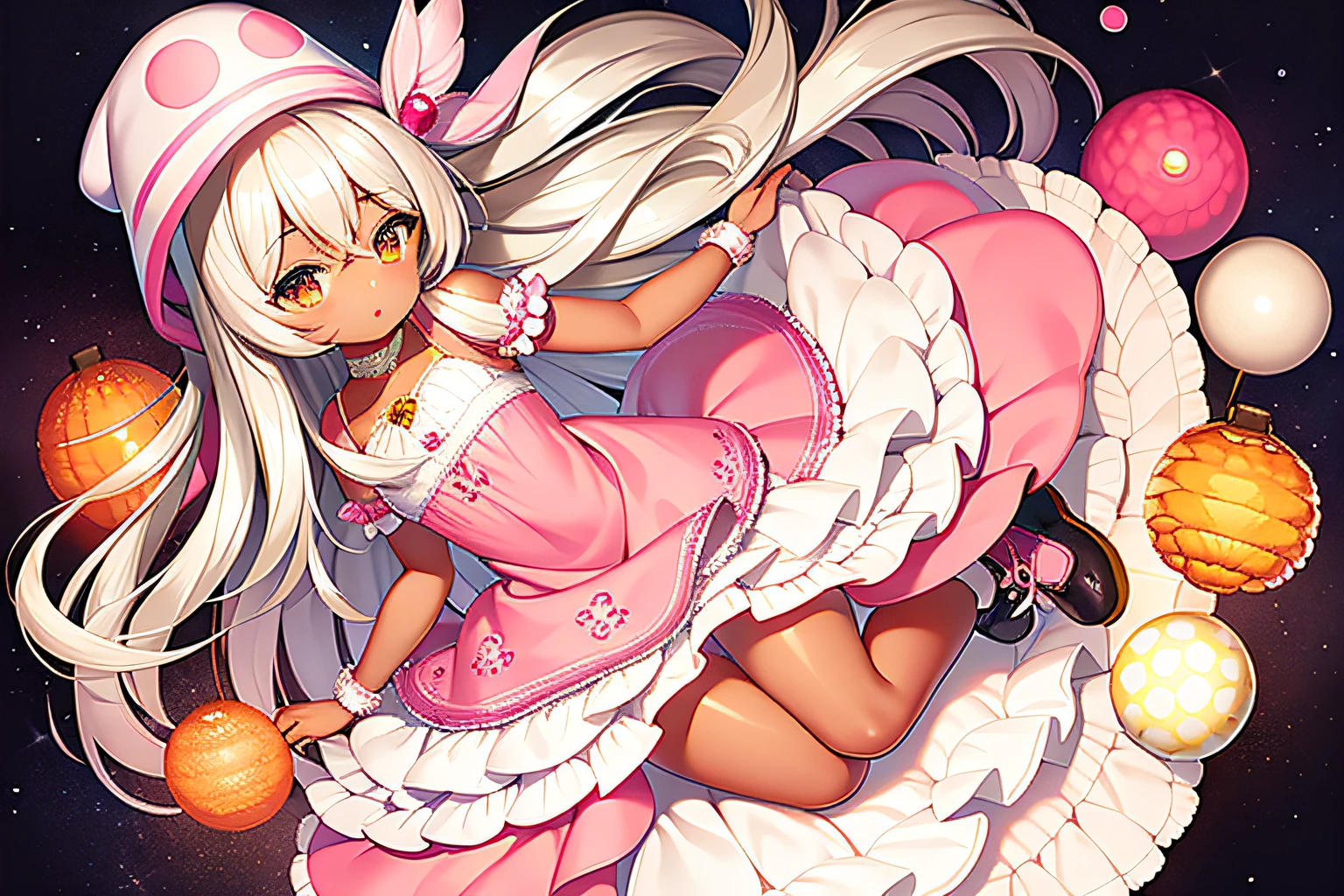 dark skin, brown skin, young girl, white long hair, amber eyes, light pink clothing, girly clothing, cute clothing, full body