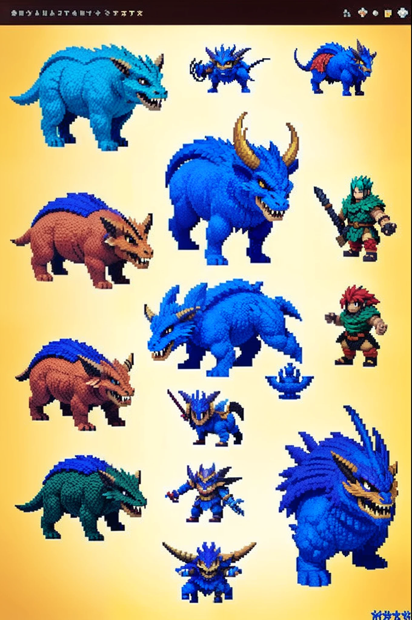 鸟山明风格,Flat pixel games《dragon quest》,Game monster design,(Minotaur:1.4),giant axe,Full body like,16-bit pixels