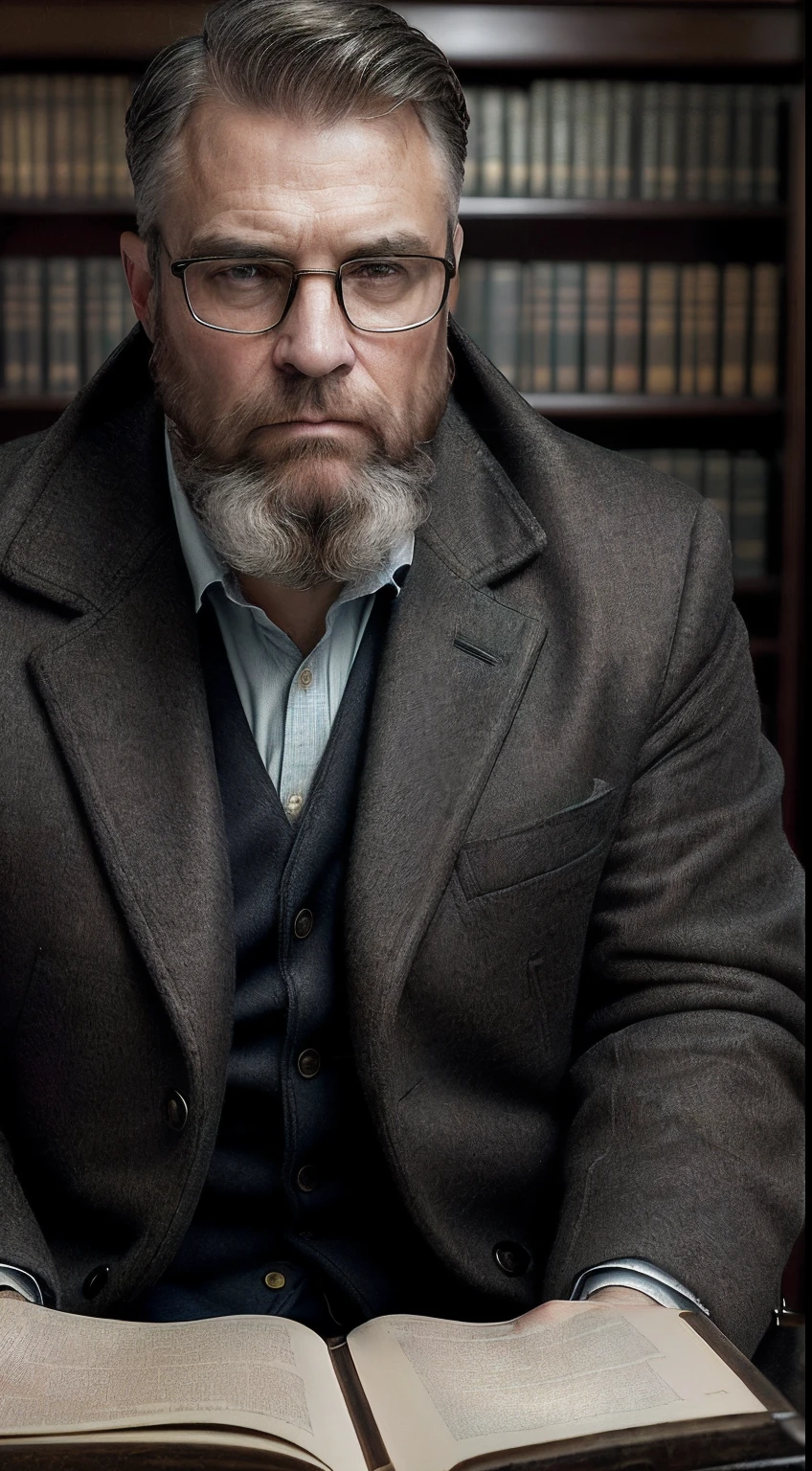 (editorial photograph 9:16 of a working man sitting in his living room in, bearded, calm,confident,look rich,serious doing his reading, 52 years old, brown eyes), (wearing luxury coat, wearing nerd glasses, detailed:1.3), (highly detailed face:1.4), (background inside dark, grumpy, private study libary, antique furniture:1.3), (8k, uhd, DSLR, high quality, cinematic lighting, bokeh), (dramatic and award-winning photography, amazing masterpiece:1.3) (strong depth of field)show book