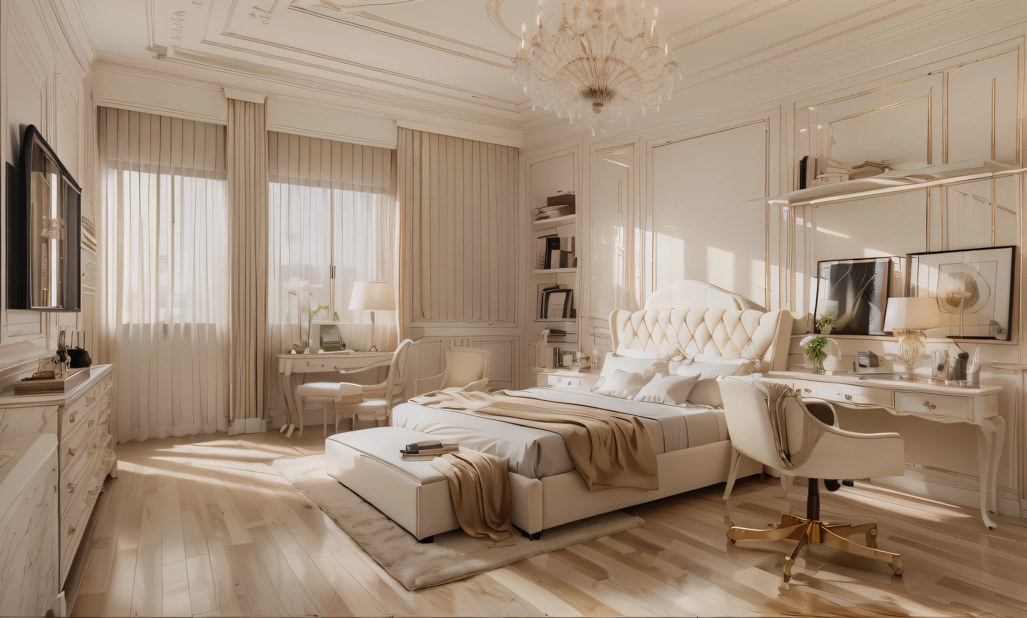 there is a bedroom with a bed, desk, and mirrors, Neoclassical style, cream - colored room, neo - classical style, vray 8k render, elegant render, elegant and refined, 8k vray render, corona rendered, neoclassicism style, cream and white color scheme, luxury hd render, high quality 3d render, high quality 3 d render