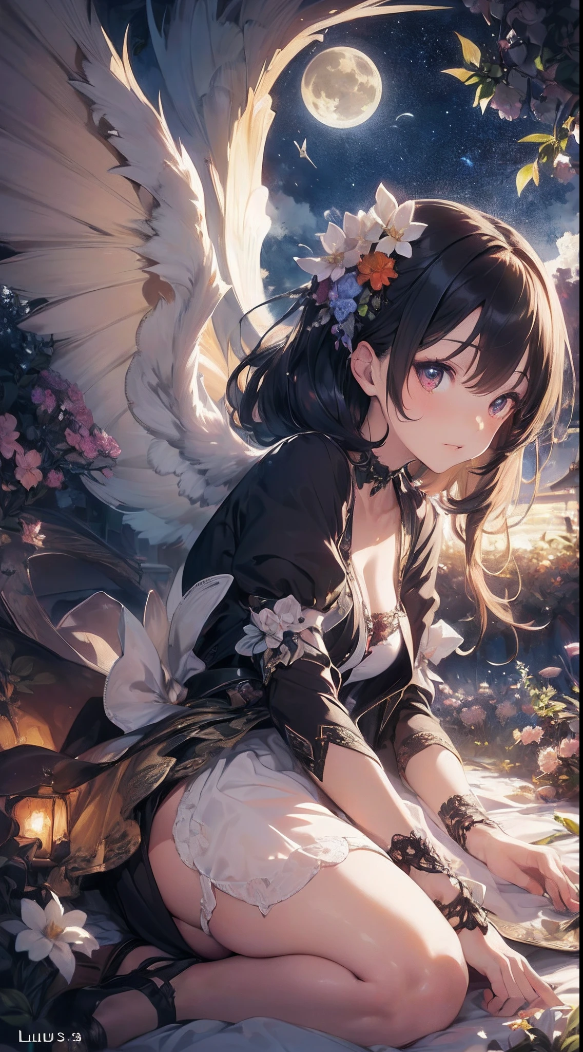 ((Best Quality)), ((Masterpiece)), (Details), Hyperreal, Best Illustration, Very Delicate and Beautiful, Very Elaborate, RAW Photos, Official Art, Beautifully Aesthetic, Seductive Succubus, Ethereal Beauty, Perched on an Orange Blossom Tree, (Fantasy Illustration: 1.3), Seductive Gaze, Seductive Pose, Solo Girl, , 13age, Beautiful Girl, Petite Girl,  Big, Delicate wings, otherworldly charm, mysterious sky, (Luis Royo:1.2), (Yoshitaka Amano:1.1), moonlit night, soft colors, (detailed cloud view:1.3), (high resolution: 1.2) (flying dragon), miracle moment, fantastic visual depiction, professional effects