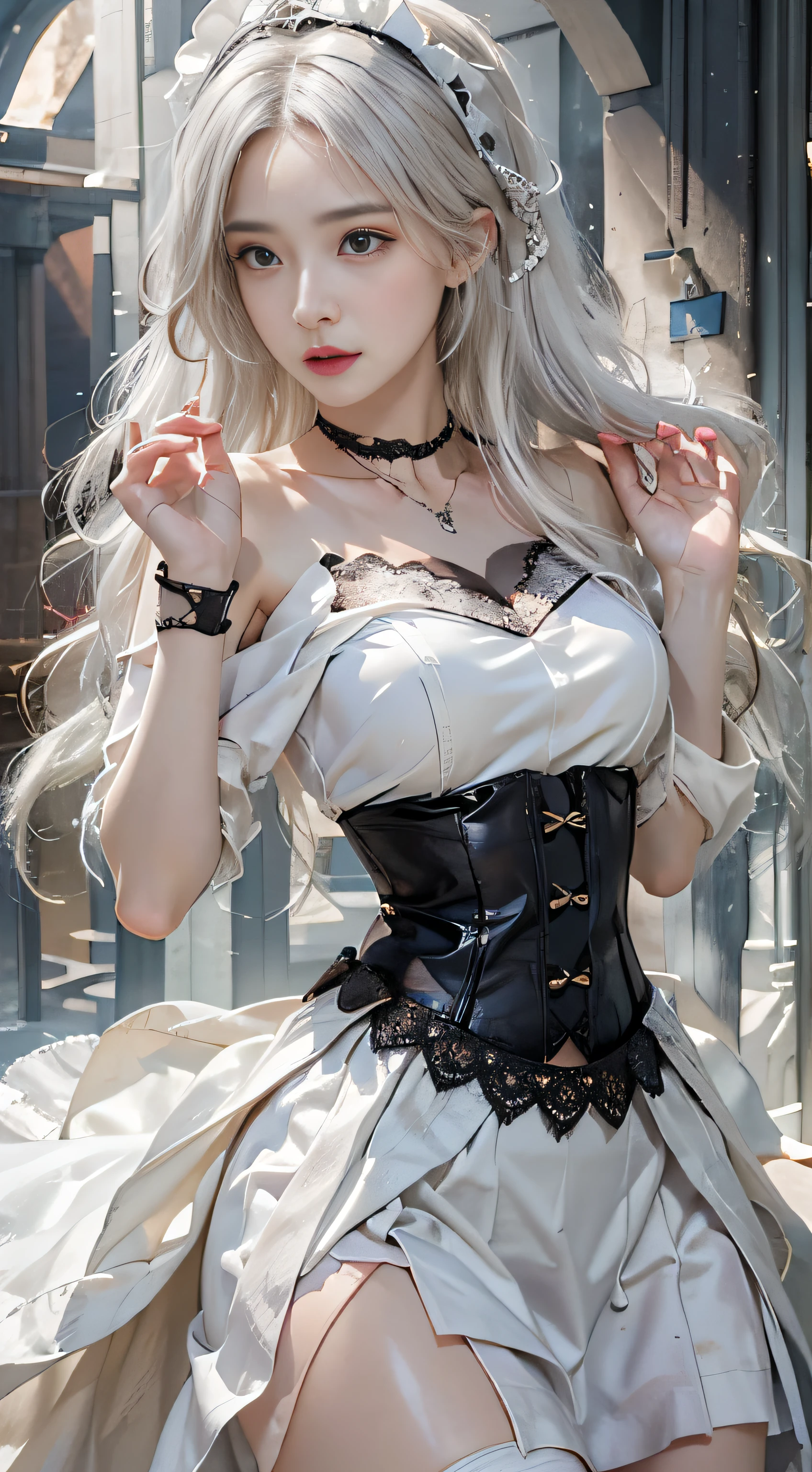 Photorealistic, High resolution, 1womanl, Solo, hips up high, view the viewer, (Detailed face), White hair, Long hair, maid clothes, Jewelry、)(off shoulders)、(((Raise the skirt to the chest)))、)(up skirt)((Black lace panties visible))