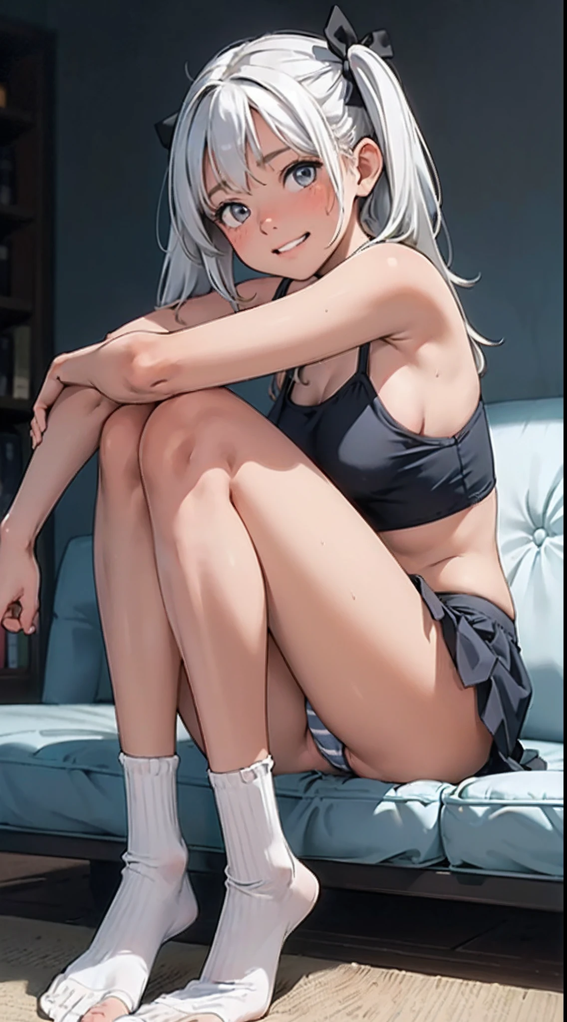 (masterpiece, best quality),
1girl, sitting, (hugging own knees:1.2), looking at viewer, head tilt, lower body,  focus,
break girl, camisole,(sideboob:1.2),black skirt, lift skart,(blue and white striped panties1.3), cameltoe, white hair, twintails, grey eyes, grin, blush, bare shin
break background myroom, couch,(show off panties:1.3),(low view:1.3)