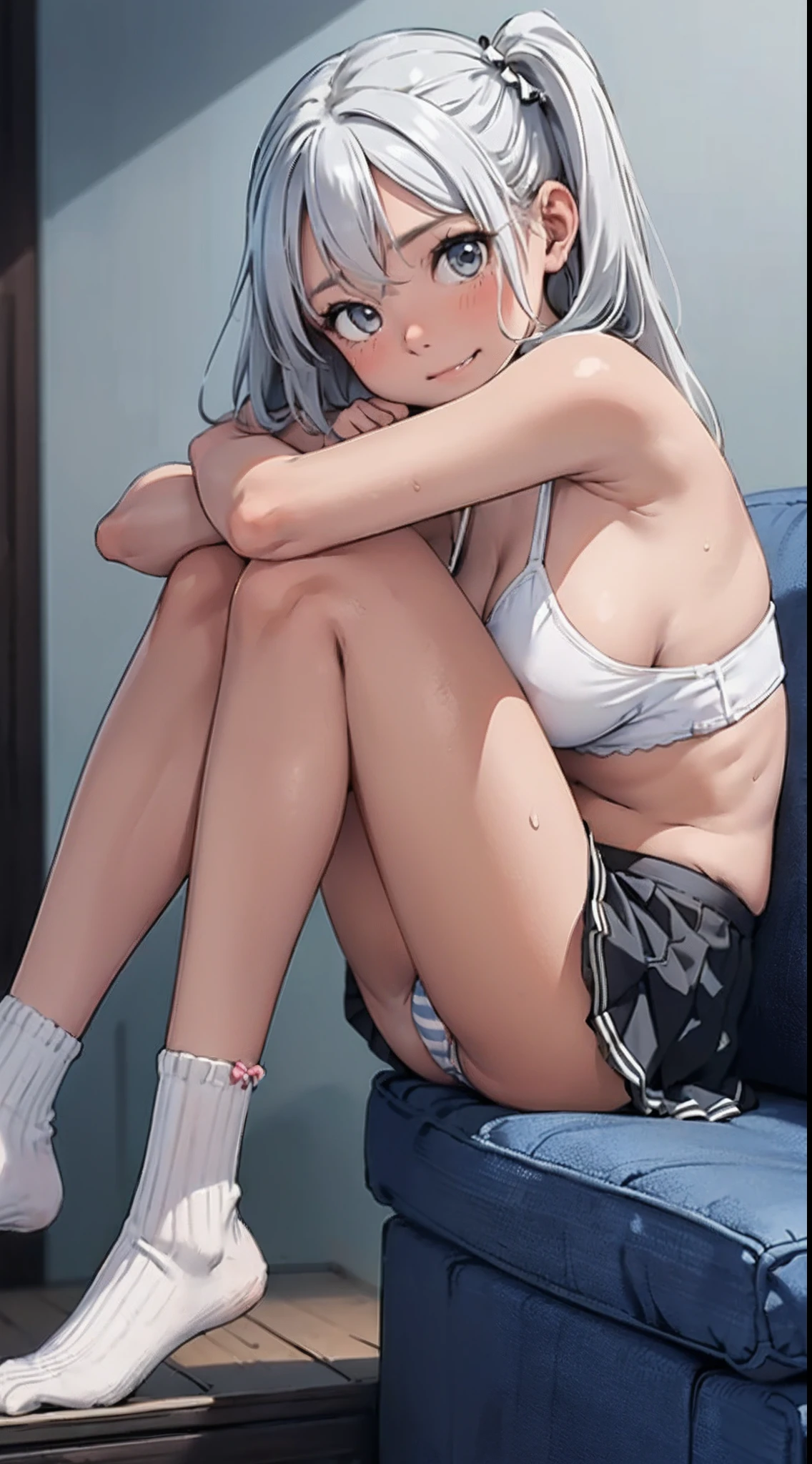 (masterpiece, best quality),
1girl, sitting, (hugging own knees:1.2), looking at viewer, head tilt, lower body,  focus,
break girl, camisole,(sideboob:1.2),black skirt, lift skart,(blue and white striped panties1.3), cameltoe, white hair, twintails, grey eyes, grin, blush, bare shin
break background myroom, couch,(show off panties:1.3),(low view:1.3)