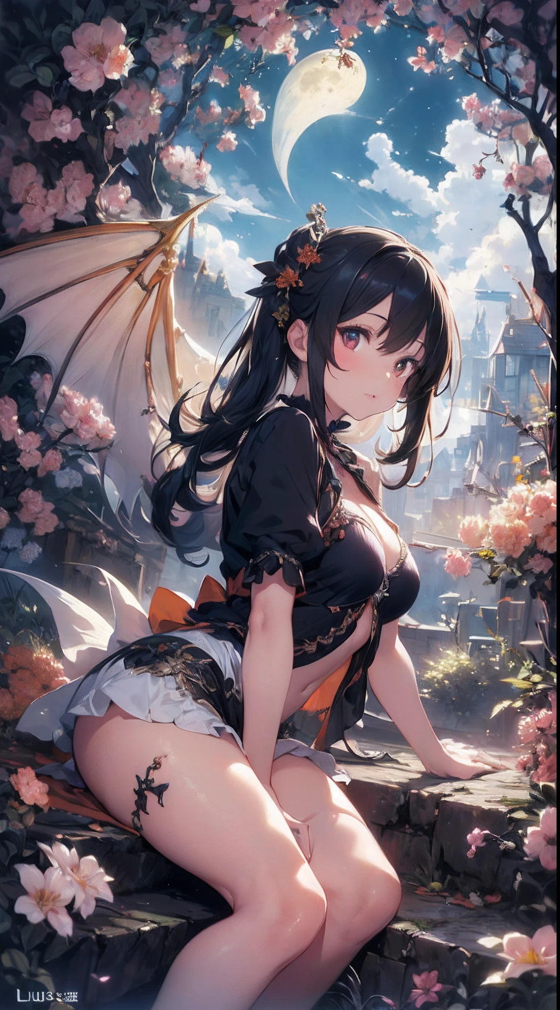 ((Best Quality)), ((Masterpiece)), (Details), Hyperreal, Best Illustration, Very Delicate and Beautiful, Very Elaborate, RAW Photos, Official Art, Beautifully Aesthetic, Seductive Succubus, Ethereal Beauty, Perched on an Orange Blossom Tree, (Fantasy Illustration: 1.3), Seductive Gaze, Seductive Pose, Solo Girl, , age, Beautiful Girl, Petite Girl, Loli Big, Delicate wings, otherworldly charm, mysterious sky, (Luis Royo:1.2), (Yoshitaka Amano:1.1), moonlit night, soft colors, (detailed cloud view:1.3), (high resolution: 1.2) (flying dragon), miracle moment, fantastic visual depiction, professional effects