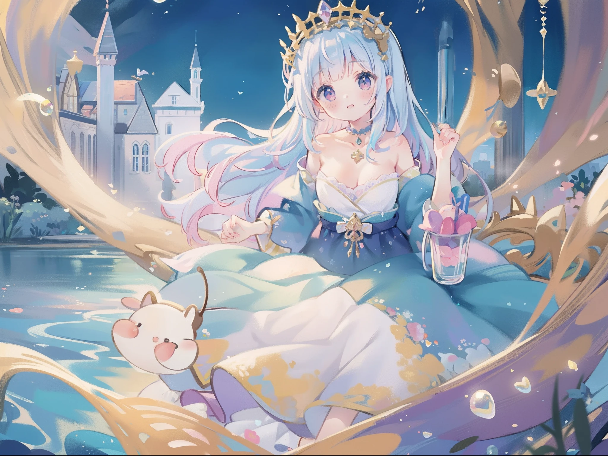 masterpiece, best quality, 8k resolution, sharp focus, intricate detail, beautiful girl, sparkling eyes, golden ratio face, otherworldly liquid, watercolor, ((pastel colors)), bright colors, whimsical, colorful, sharp focus, high resolution, fine detail, princess fantasy ballgown, ((round eyes)), iridescent bubbles, castle landscape in background