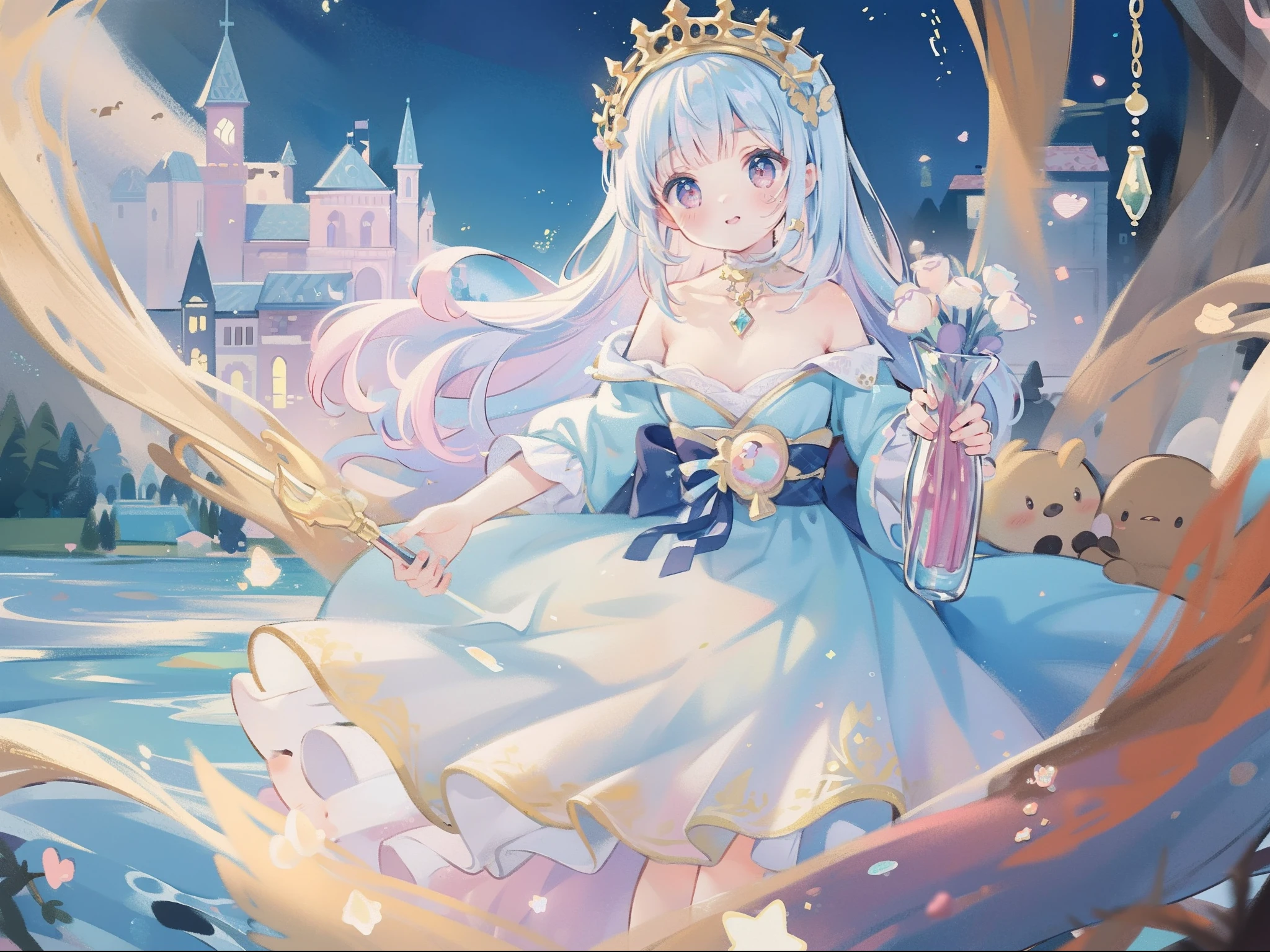 masterpiece, best quality, 8k resolution, sharp focus, intricate detail, beautiful girl, sparkling eyes, golden ratio face, otherworldly liquid, watercolor, ((pastel colors)), bright colors, whimsical, colorful, sharp focus, high resolution, fine detail, princess fantasy ballgown, ((round eyes)), iridescent bubbles, castle landscape in background
