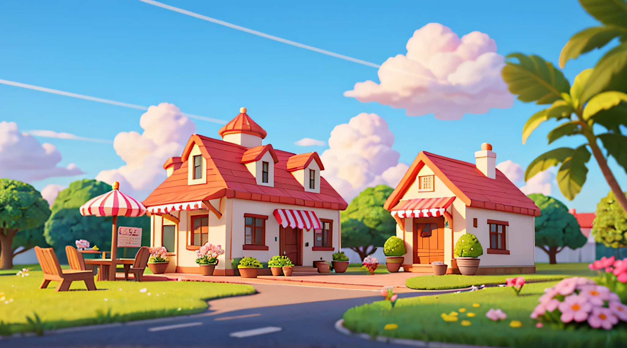 (Miniature cityscape),(isometry:1),cartoonish style,(sandbox game style),(white backgrounid),best qualtiy,Florist,Glass flower house,Cafe,fresh flowers,Dinner table,chair,lamplight,Clear sky,exteriors,landscape,Clouds,sky,sign,Road,Grass,Plants in pots,Street lights,。.。.3D,8K,hdr,k hd,cinematic grain.Blue skies,White cloud,Small tree,Clean background。Pink