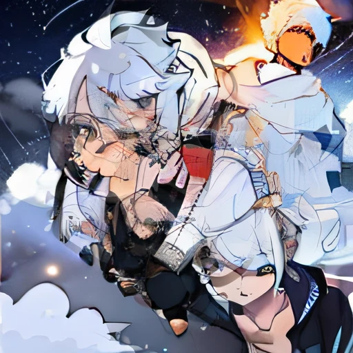 masterpiece, best quality, high quality, male focus, full body, white hair,spiky hairstyle, short hair, japan style, anime coloring, shy, home muji style, detailed face, topless, white towel on waist,white silk, outdoor, sweat, open legs, A 8-year-old, teen, boy, short, wearing a hoodie, SUPER DETAILED, starry and snowy night, respiratory steam,