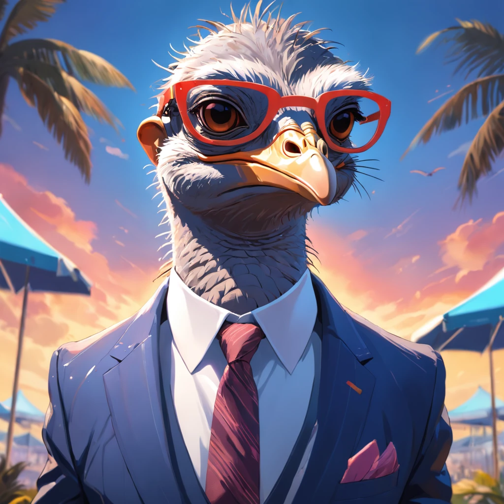 Artistic rendering of ostrich in business suit and sunglasses, Bright and colorful background, Rendered in 8K hyperrealism.