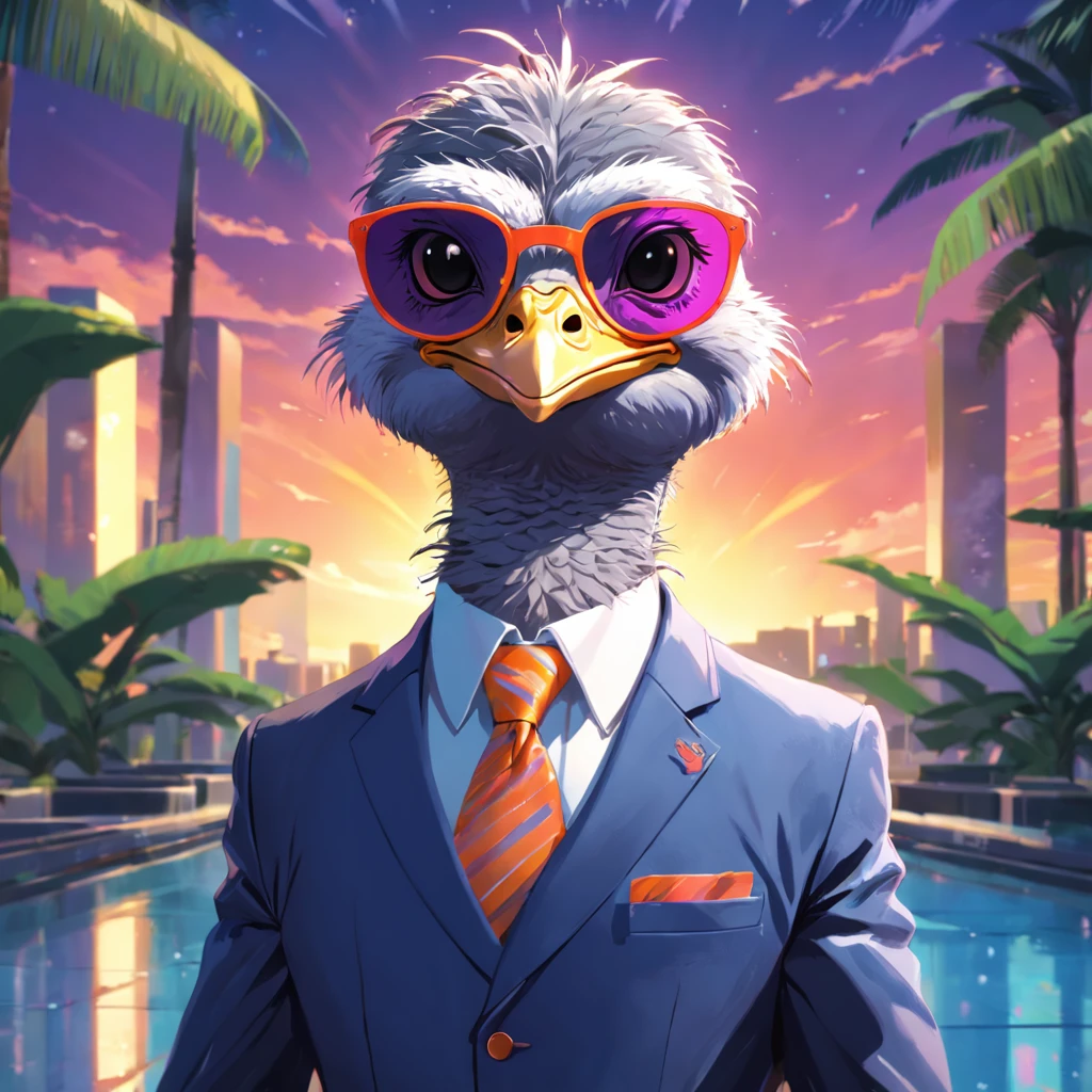 Artistic rendering of ostrich in business suit and sunglasses, Bright and colorful background, Rendered in 8K hyperrealism.