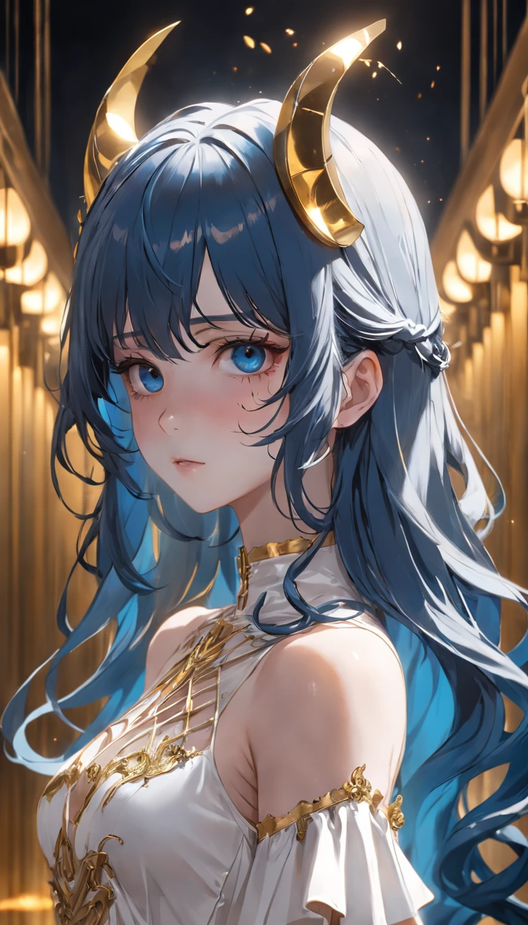 A girl with long blue hair in a white darkwave style dress with gold details and a devil mask,Estilo Darkwave,retrato de medio cuerpo,centrado,HDR,8k,hiperrealista,hermoso estudio de luz suave,detalles vibrantes,Anatomical,elegante,foco nítido,Foto de estudio,tendencias en Artstation,hiper detallado,filtro polarizador