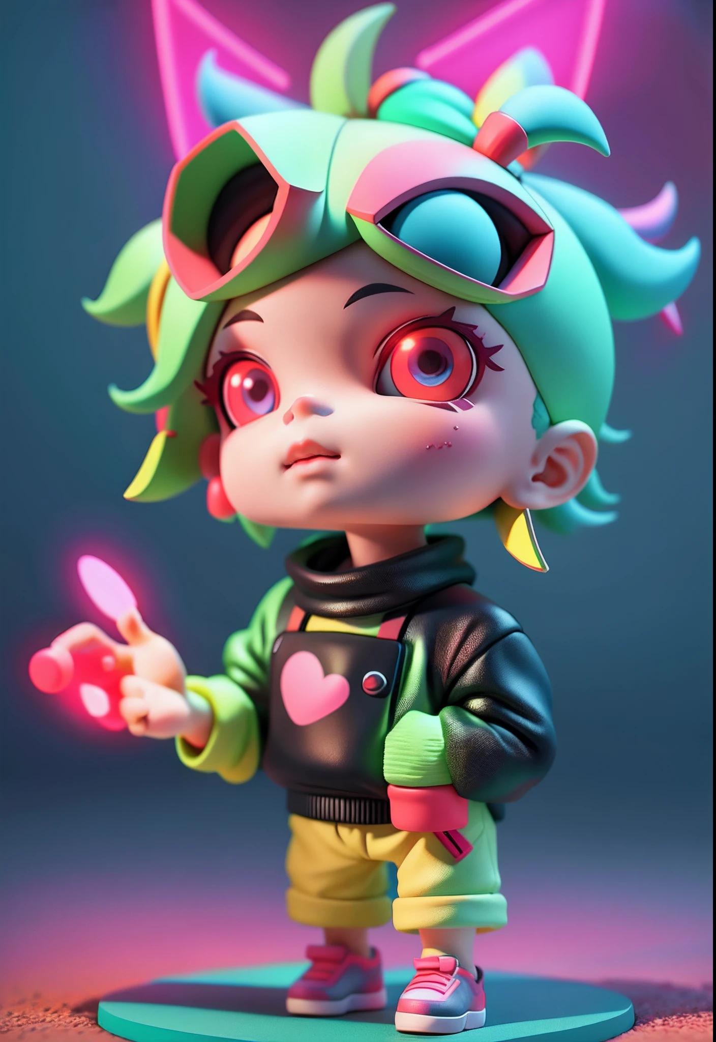 full bodyesbian,Standing in the middle of the road, Neon Street in the background, Handsome little boy,tchibi,, Candy color,3D toys, Cyberpunk Style, Octane rendering --AR3:4--Seed 1341316513--S180--niji5--Style expression