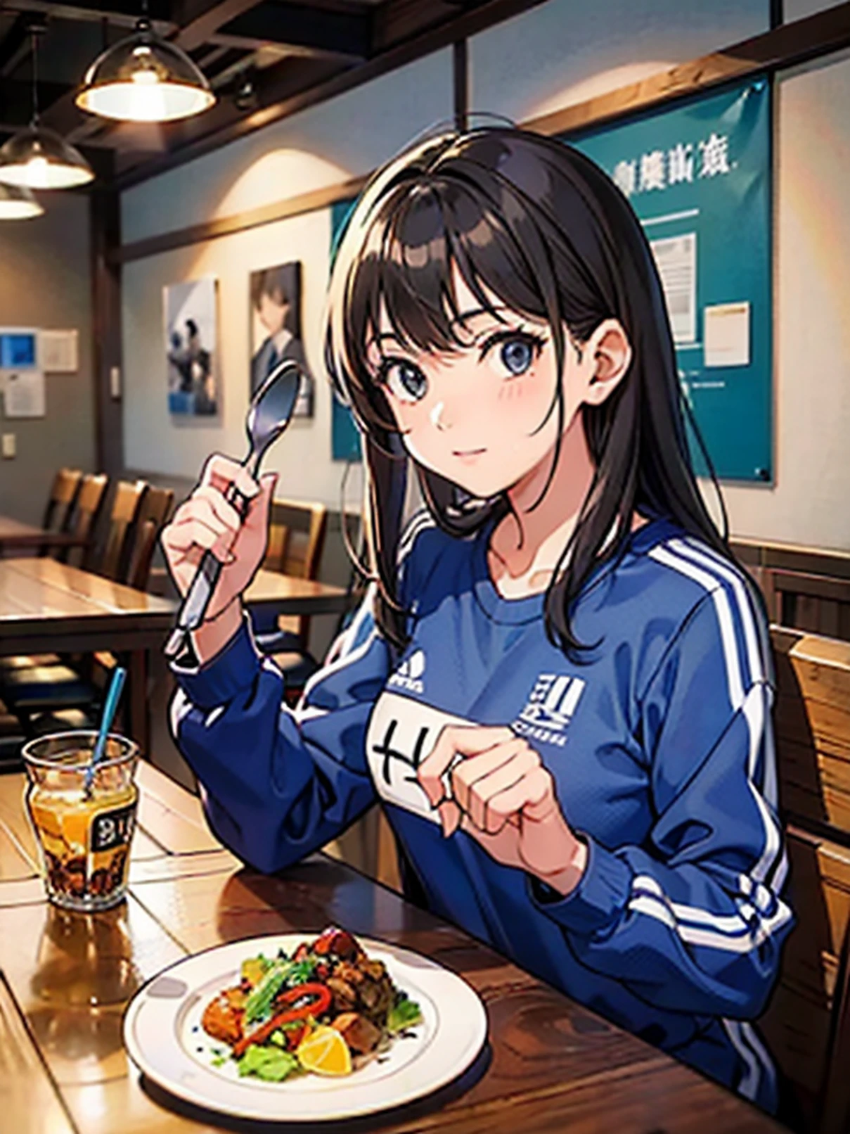 there is a woman sitting at a table with a plate of food, chiho, 奈良美智, she is about 3 0 years old, she is about 30 years old, she is about 2 , Ayami, deayami kojima, 1girl, Beautiful, cabelo azul, cabelo curto, Sportswear, fotografia profissional, Ultra HD | | | | | |, HDR, 4k, High definition