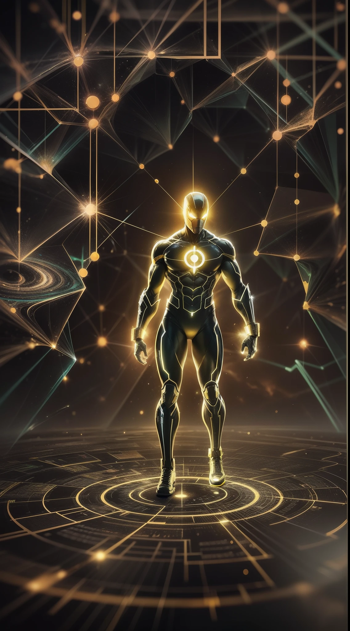 Create an image that shows a superhero in yellow and black costume, Pairing above a field of atoms and quantum particles. Sua mente deve estar visualmente conectada a um emaranhado de fios e circuitos, as he unravels the secrets of quantum reality. O amanhecer em segundo plano deve simbolizar a descoberta de um novo dia de conhecimento.
