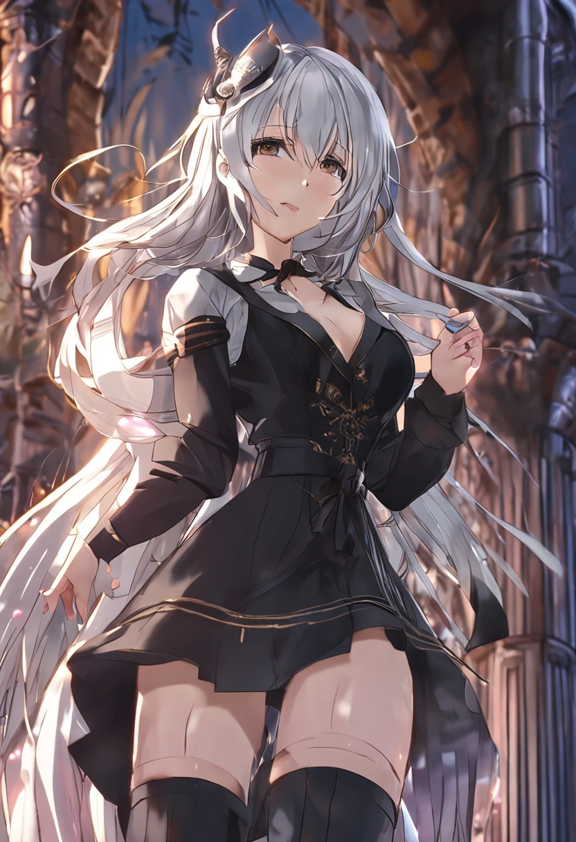 best quality, masterpiece, night, milf, game_cg, long hair, silver hair, very long hair, :t, heterochromia , half-closed eyes, black kneehighs, high heels, crossed_legs,