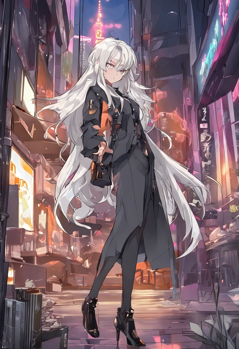 best quality, masterpiece, night, milf, game_cg, long hair, silver hair, very long hair, :t, heterochromia , half-closed eyes, black kneehighs, high heels, crossed_legs,