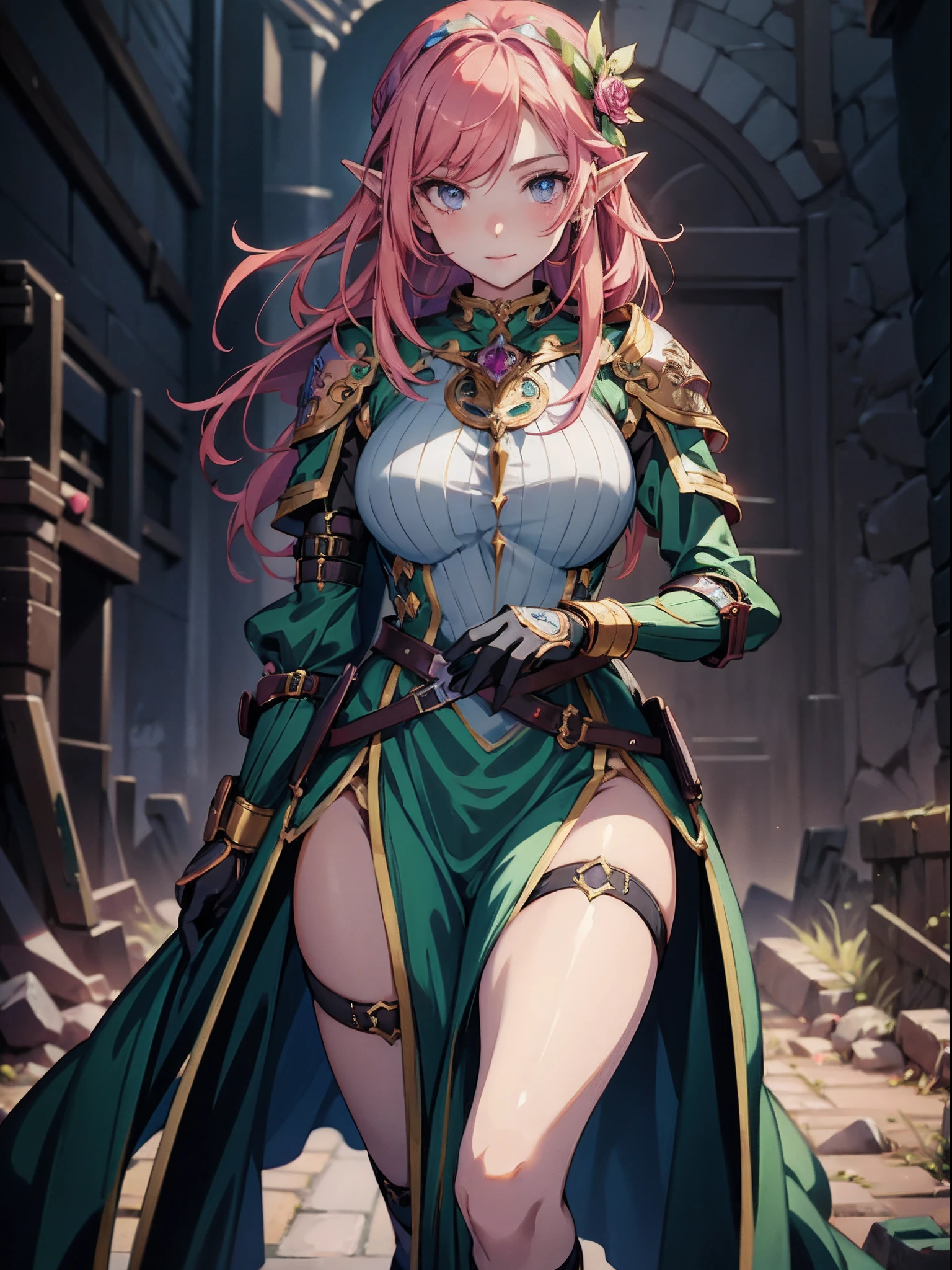 1 girl anime in a dress and hands wearing gloves, fine delicate fingers, pink hair, cushart krenz key art feminine, portrait knights of zodiac girl, detailed key anime art, high detailed official artwork, detailed digital anime art, trending on artstation pixiv, 2. 5 d cgi anime fantasy artwork, detailed anime character art, alluring elf princess knight, astri lohne, smile, Full body