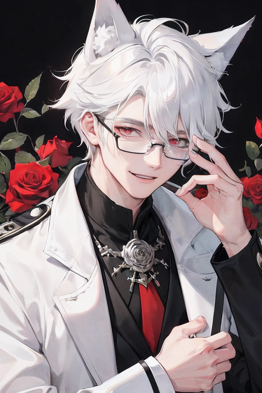 8K, masterpiece, top quality, 1 man, half body, teenage boy, half wolf, wolf ears, white hair, red right eye, black left eye, wears glasses, wears white coat, friendly smile, carries a rose, at night, full moon