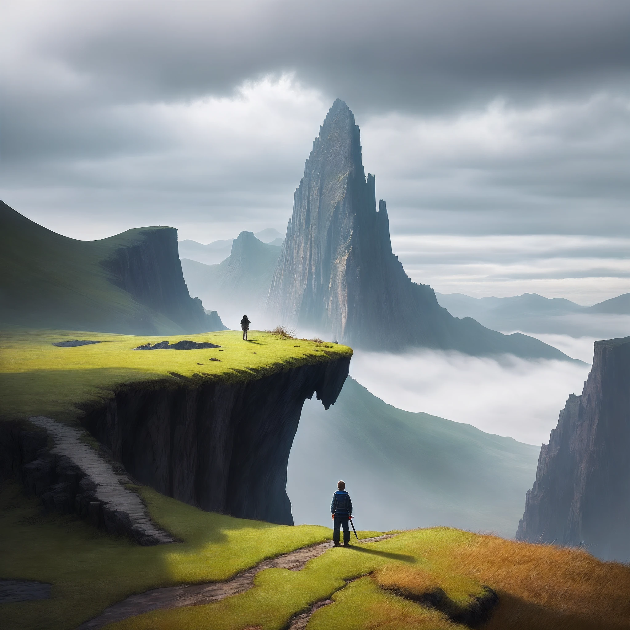 The boy stood with his sword in his sword,At your feet is a lonely cliff。Not far away,A dragon looms in the thick clouds,The atmosphere is low but generous。The ground beneath the cliffs is endless,Small grasses sway with the howling wind。