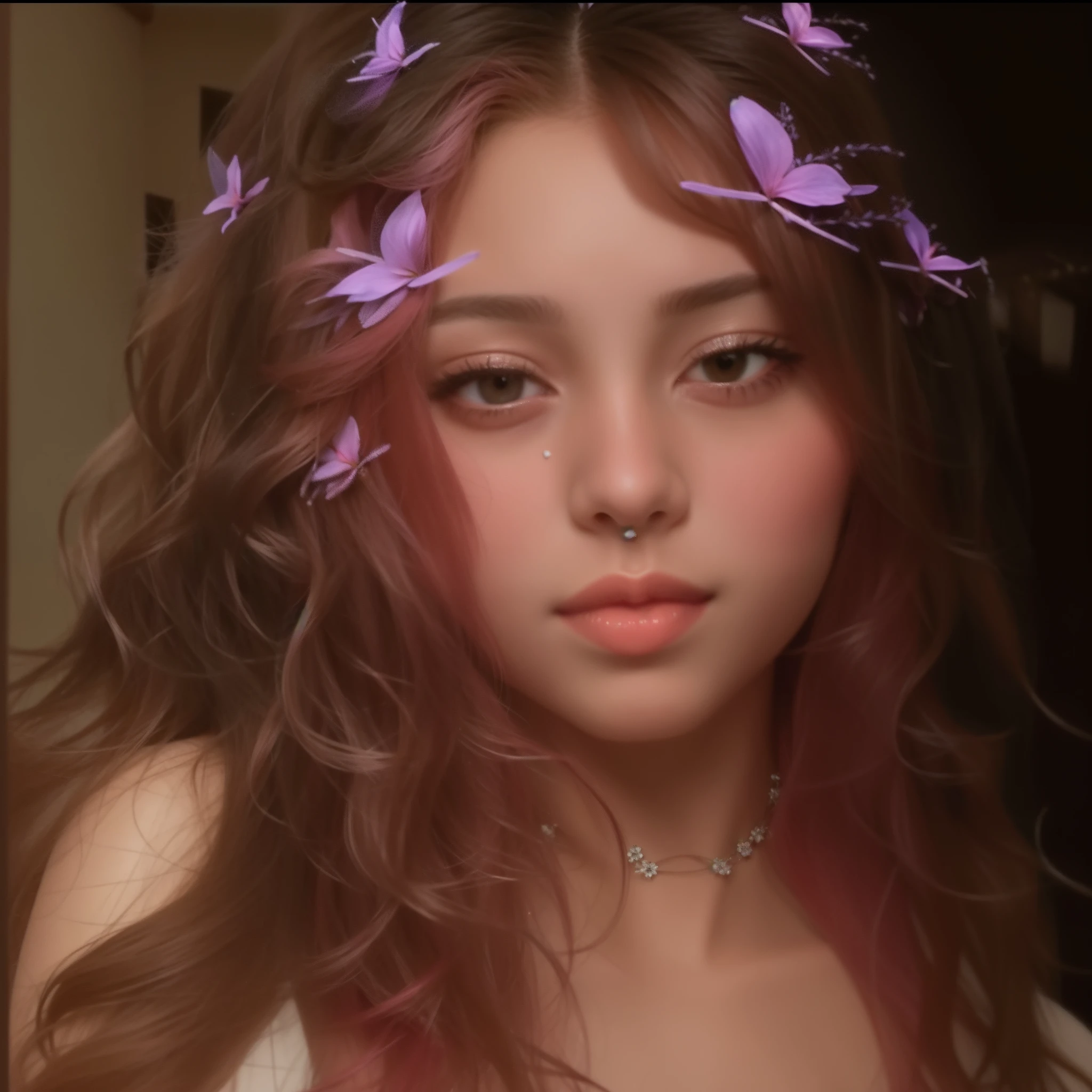 mulher com cabelo longo e flores roxas em seu cabelo, cabelo rosa encaracolado, cute aesthetics, foto de perfil