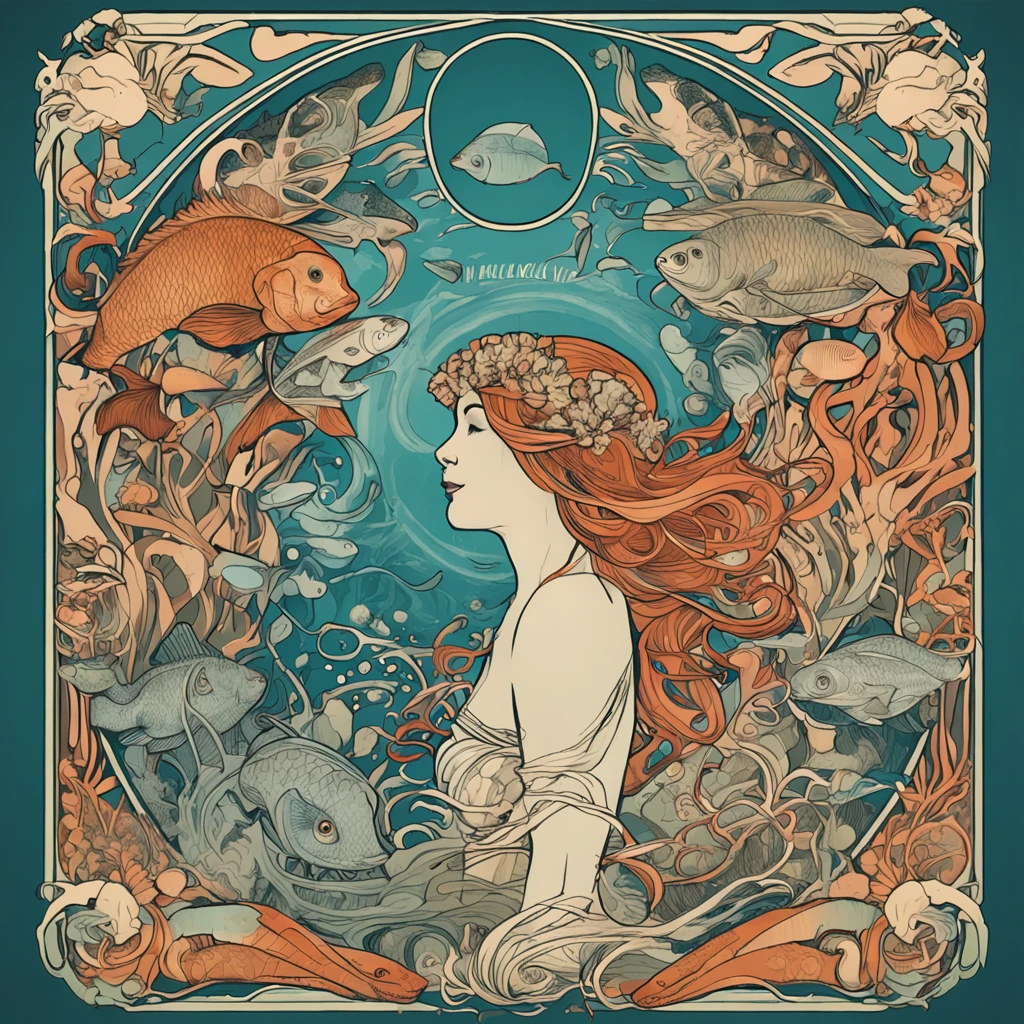 Mucha、illustration、Marine life、The fish、The corals、Ocean wind