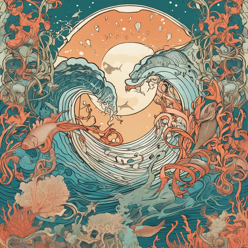 Mucha、illustration、Marine life、The fish、The corals、Ocean wind