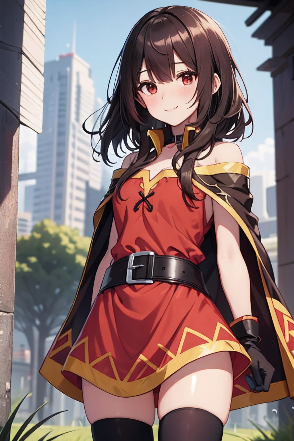 Megumin, Mago loco, 1 girl, solamente, bruja tiene, brown hair, PELO LARGO Y CORTO, ojos rojos, sonrojarse, sonrisa malvada, Gargantilla negra, 鎖骨, pecho plano, vestido sin hombros, vestido rojo, brown cape, mangas largas, Guantes negros, Guantes sin dedos, brown belt, Adornos dorados, (Asymmetrical legs: 1.4), Legwear inigualable, (piernas vendadas: 1.3), muslos negros, (arms behind back: 1.3), Fondo simple, alta calidad, High resolution. ((al aire libre)), Axillary presentation,
