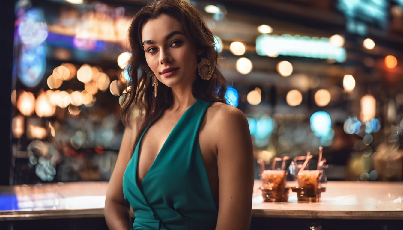 (8K, RAW photo, Best quality, Masterpiece:1.2), (Realistic, photo-realistic:1.37), Ultra-detailed, 1 girl,Cute, Solo,Beautiful detailed sky,Detailed Cafe,Night,Sitting,dated,(nose blush),(Smile:1.1),(Closed mouth),(gigantic cleavage breasts：2.0), Seductive smile, Large apartment, Professional lighting, Sony A7R4, Zessie 50mm F1.8,Beautiful detailed eyes,(White sexy dress:1.1), neck bowtie,Pleated skirt,(Short hair:1.2),Floating hair