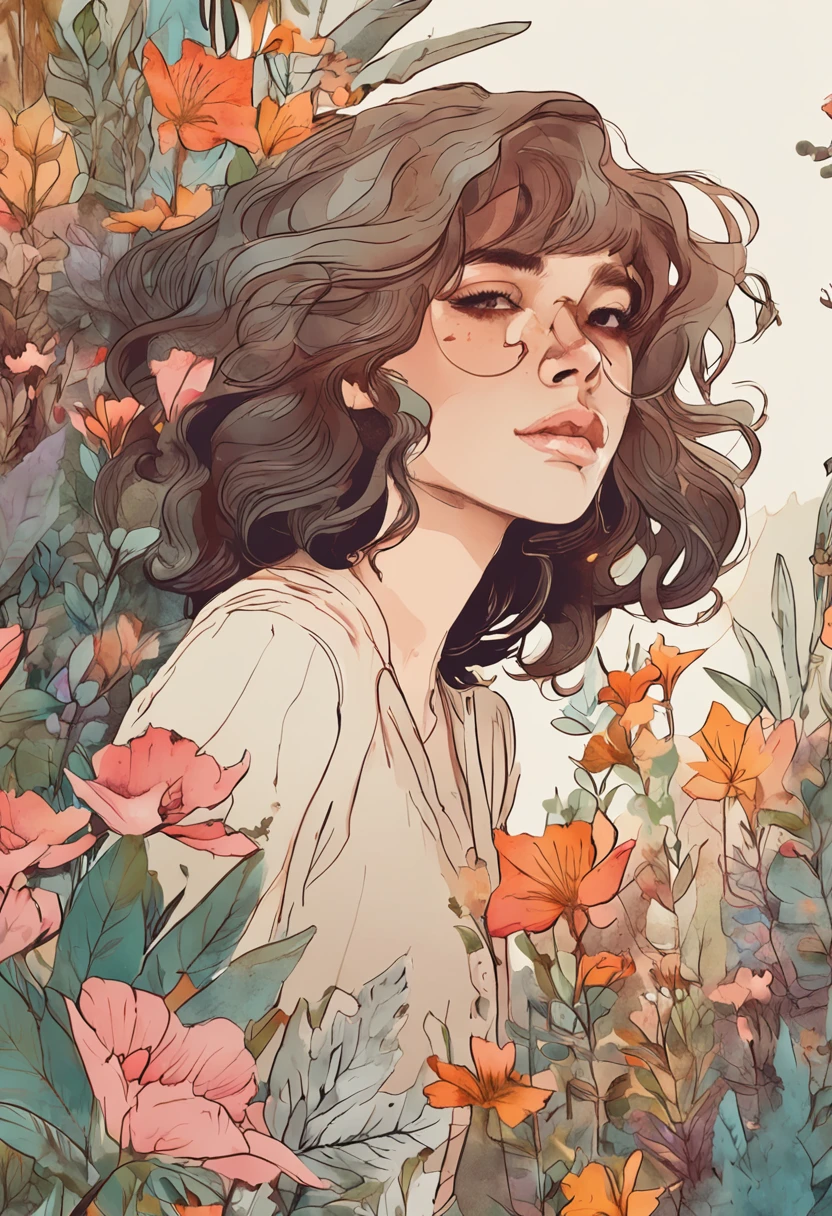 ((super detailed), #3b4195背景, beautiful flowers, berries, ferns, leaves, watercolor pattern of calming colors), (watercolor texture), ((1 girl), short hair, cute,
