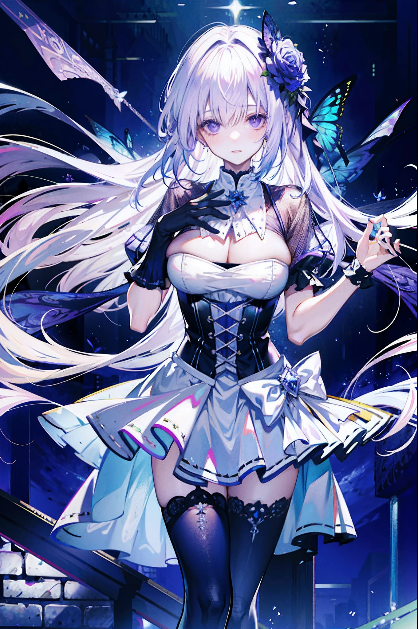 silber hair,butterflys,long whitr hair,8k wallpaper,detailedbackground,Highest high resolution,deep v big breasts,Hair over eyes,Bandeau,Church background,Purple roses,tight-fitting,themoon,stocklings