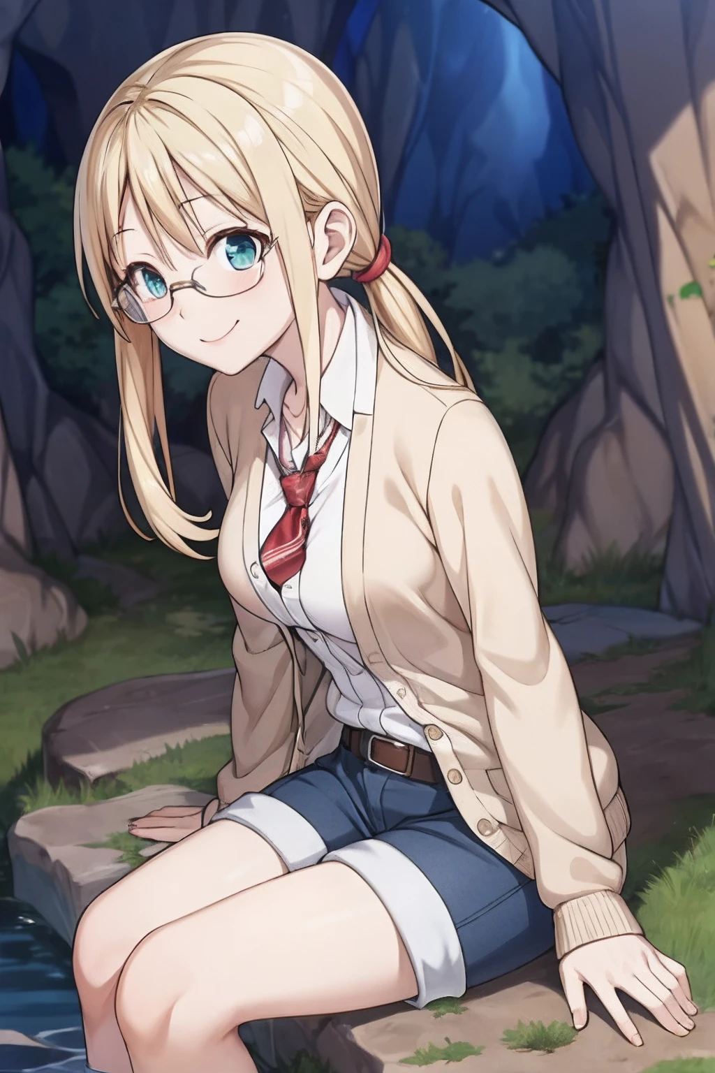 rikomia, sitting, smile, cave, adult, mature female, milf, smile, secretary, cardigan, tie, white shirt, hot pants, ((tall)), ((medium breast)), belt,