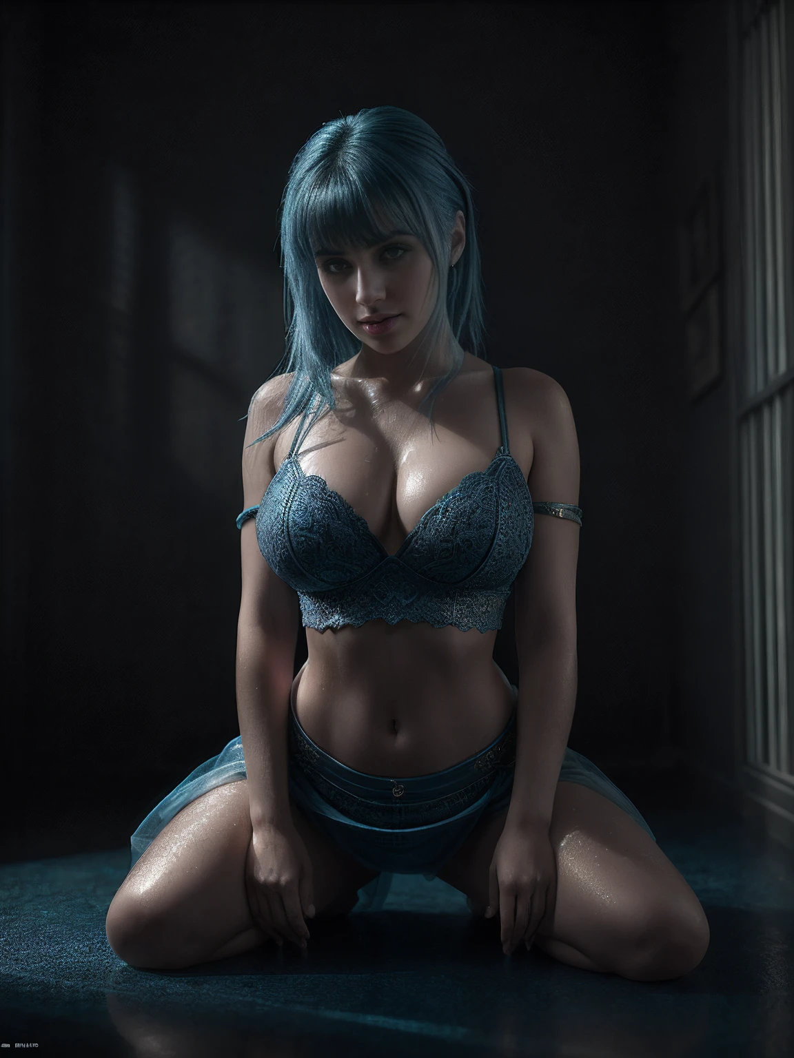 Full body of two Syrian WOMAN kissing each other, blue hair with crop top and pleated skirt, big boobs, confused seductive look, old syrian bedroom, natural skin texture, 24mm, 4k textures, bright cinematic light, RAW photo, photorealism, photorealistic, intricate, elegant, highly detailed, sharp focus, ((((((cinematic look)))), soft tones, insane details, intricate details, hyperdetailed, low contrast, soft cinematic light, bright colors, exposure mix, hdr, kneel poses, looking at viewer, wet, sweaty, viscous liquid on breasts