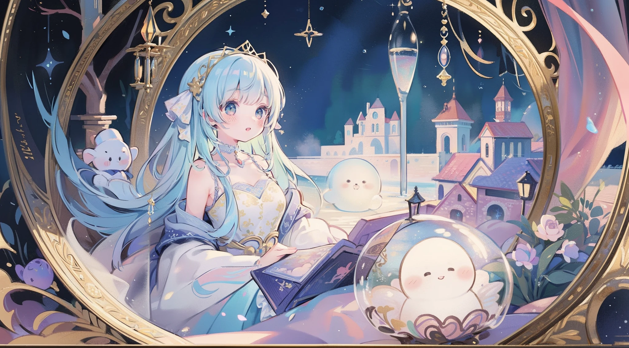 masterpiece, best quality, 8k resolution, sharp focus, intricate detail, beautiful girl, sparkling eyes, golden ratio face, otherworldly liquid, watercolor, ((pastel colors)), bright colors, whimsical, colorful, sharp focus, high resolution, fine detail, intricately detailed layered ballgown, ((round eyes)), iridescent bubbles, castle landscape in background