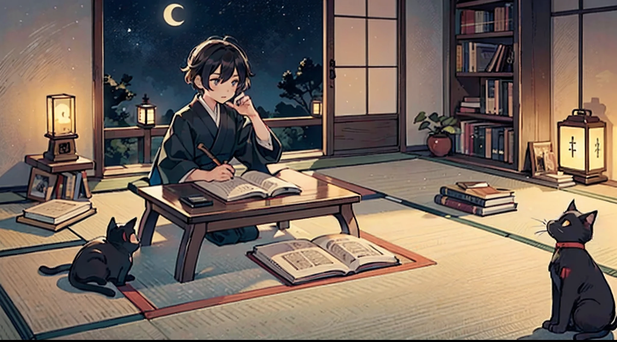 #Quality (intricate-detail、ultra-detailliert:1.2,Masterpiece),
#night sky (darkness of night,no light),
#one writing boy (16 male、writer,Honor Students、A dark-haired、short-hair、hakama,sit flat),
#black room at night (no light,black cat,wooden low table,one candle,pretty tatami,a lot of books,bookshelf)