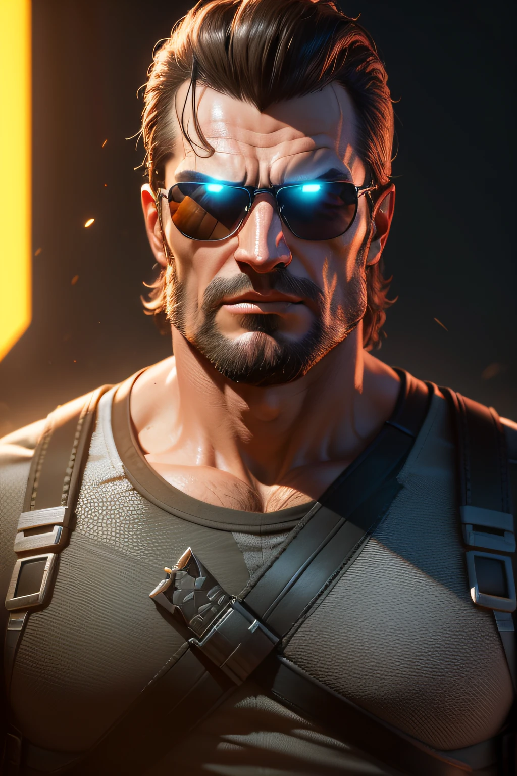 3D rendered character portrait of serious Sam, 3 d, rendering by octane, Depth of field, Unreal Engine 5, concept-art, Vibrant colors, Glow, trending on artstationh, hyper-high detail, Ultra photo realsisim, Cinematic lighting, Focused, 8 k''